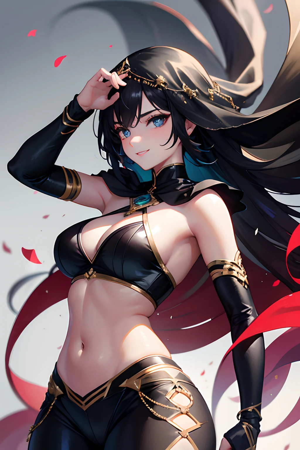 At , she is a vision of beauty and strength. Her flawless face and striking eyes are framed by a black dancer outfit, her translucent leggings and veil adding a touch of elegance to her confident smile and strong fighting pose.