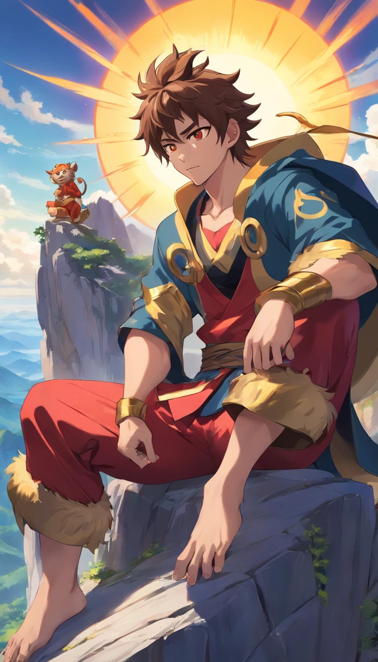 sun wukong in an appearance of a 30 year old young man, wearing a crown, villain with evil look evil face, is sitting on top of a mountain, golden aura around him, with monkey tail, red eyes, black hair, very hairy, with monkey ears, wearing black gold armor, manga style
