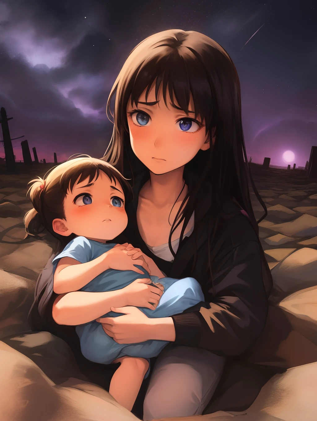 Sad poor anime holding her baby brother in apocalypse