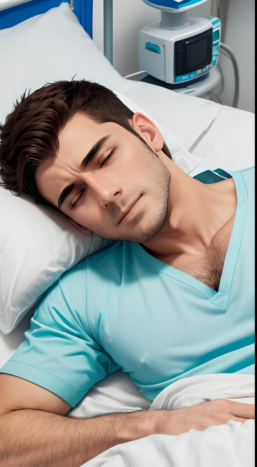 man lying on a bed in the hospital looking ultrarealistic, he has his eyes open