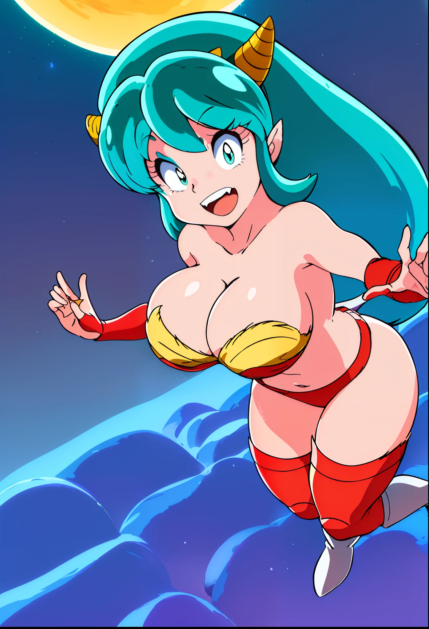 lum, superhero costume,, standing,, boots, oni, smile,, full body, sentai, bikini, horns, curvy, big breast, open mouth teeths, fangs,(best quality,4k,8k,highres,masterpiece:1.2),mega-detailed,(,1.37),portraits,vivid colors,warm tones,soft lighting, immovile pose