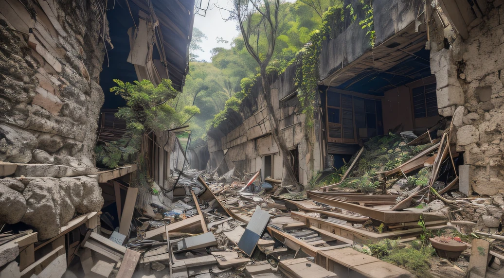 The wounded were covered in piles of rubble（Doomsday Temple ruins）canyons，Buddhist cave area，rivulets，the rainforest，