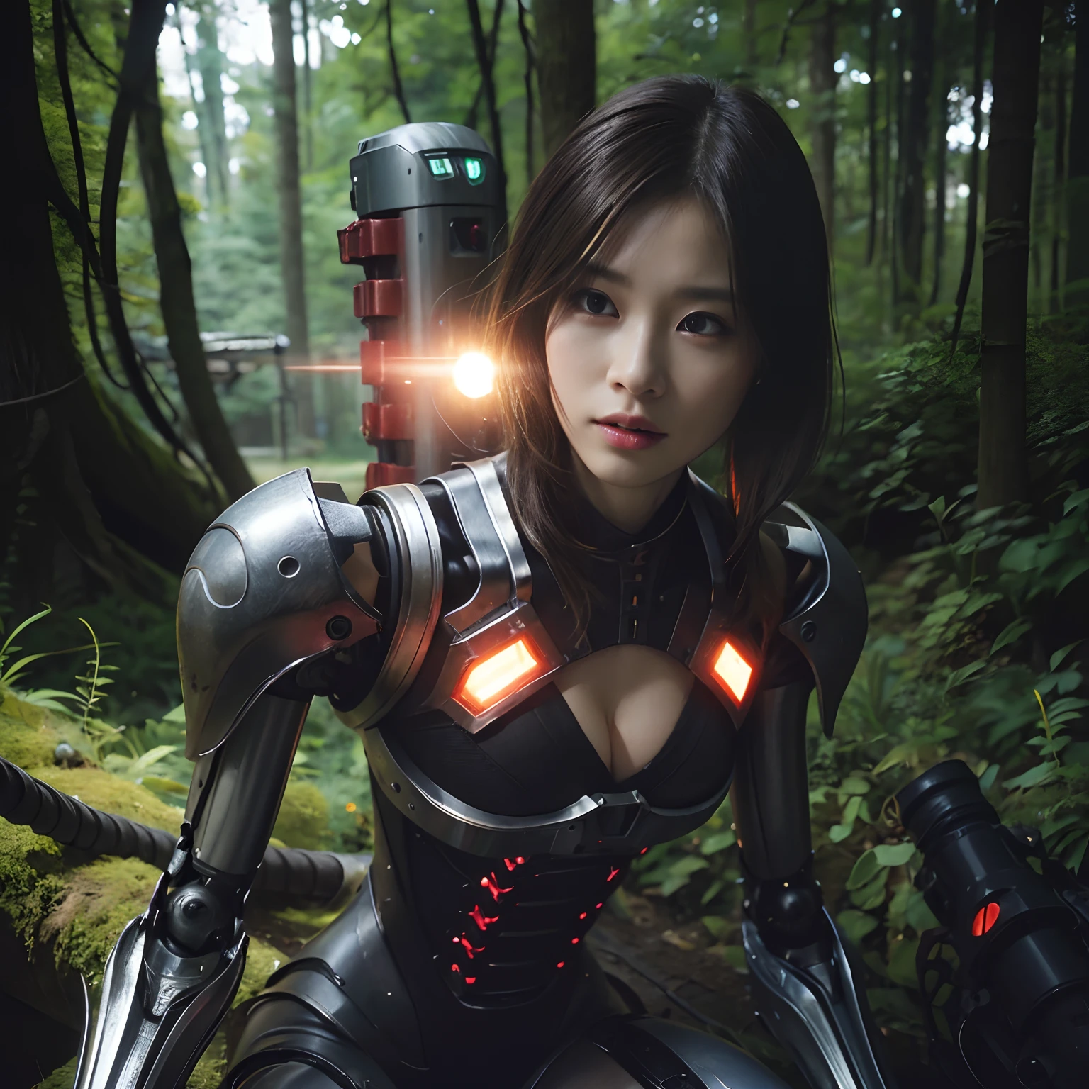 (1 Mechanical Girl)、top-quality、masterpiece、超A high resolution、(Photorealsitic:1.4)、Raw photo、1人、Fight mutants、glowy skin、(((1 Mechanical Girl)))、With a beautiful knife、(Yellow Metal Bodysuit)、(Kobold、ogre、Fierce battle with orcs),(Fight fiercely against aliens)、Fight fiercely、(beautiful forest background)、(Fighting Demonic Beasts)、(Small LED)、((super realistic details))、portlate、(Strong giant demon beast background),globalillumination、Shadow、octan render、8K、ultrasharp、Colossal tits、Raw skin is exposed in cleavage、metals、Details of complex ornaments、Japan details、highly intricate detail、Realistic light、(Mystical expression),CGSoation Trends、Red Eyes、radiant eyes、Facing the camera、neon details、(Mechanical limbs)、(blood vessels connected to tubes)、Mechanical vertebrae attached to the back、mechanical cervical attaching to neck、(Wires and cables connecting to the head)、Gundam、Small LED、,Mechanical thighs、Toostock、(Hands are also made of machines)、(Attack of the Monster Beasts)、(Wounded in a deadly battle)、