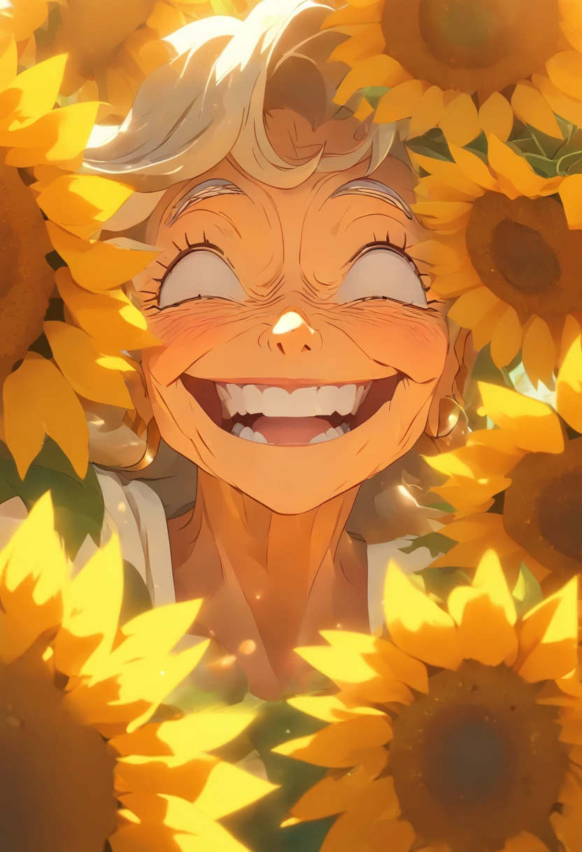 Old grandmother, Many sunflowers, cheerfulness, Perfect quality, Clear focus (Clutter-Home: 0.8), (masutepiece: 1.2) (Realistic: 1.2) (Bokeh) (Best Quality) (Detailed skin: 1.3) (Intricate details) (8K) (Detail Eyes) (Sharp Focus), (cheerfulness)