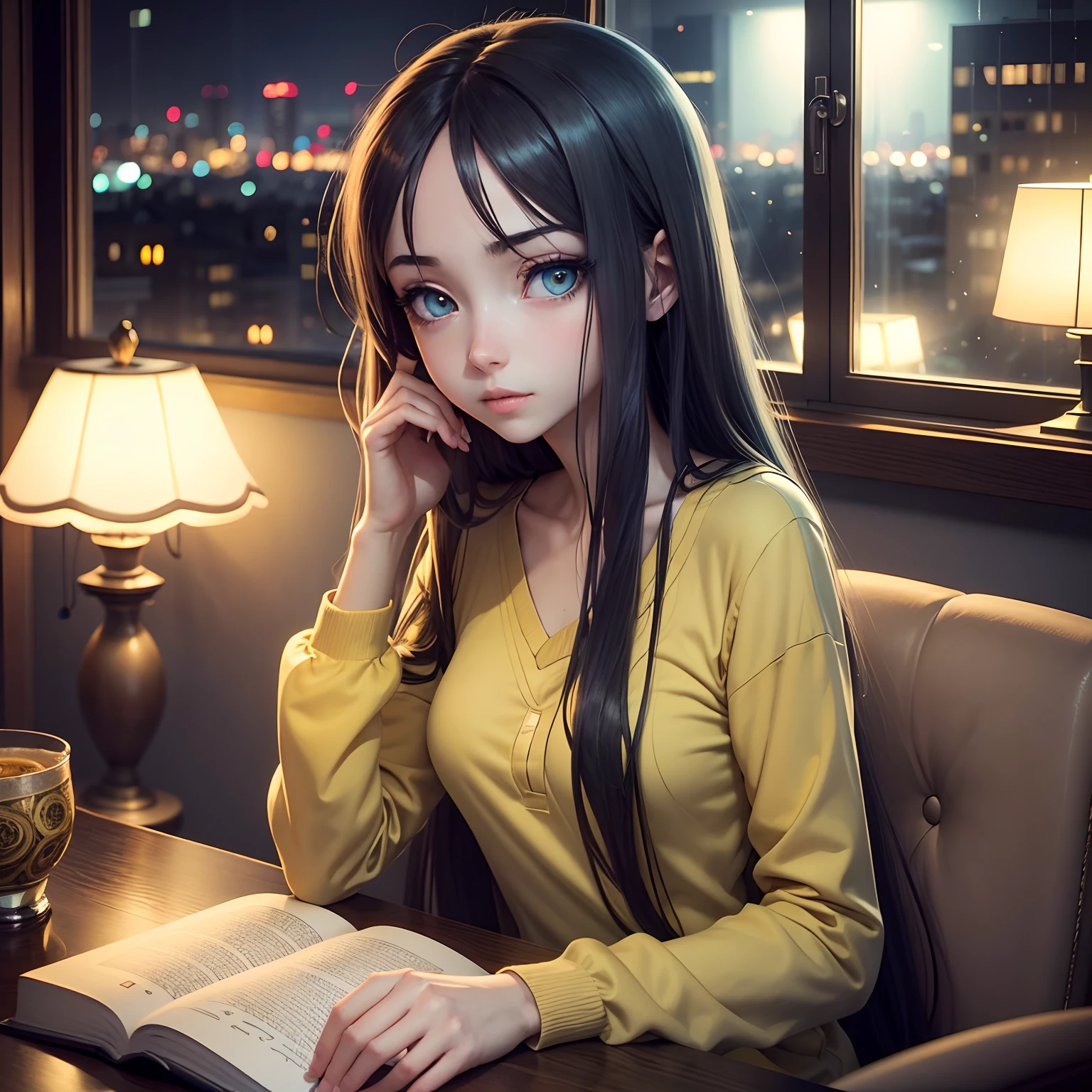 Anime style, Skinny girl, wistful expression, Cyan eyes, long eyelashes, brown-hair, extra very long hair, Loungewear, home setting, sitting at a table, reads a book, lamp on the table, Warm Yellow Lighting, dim lighting, Outside the window is the night city, contrast, saturation