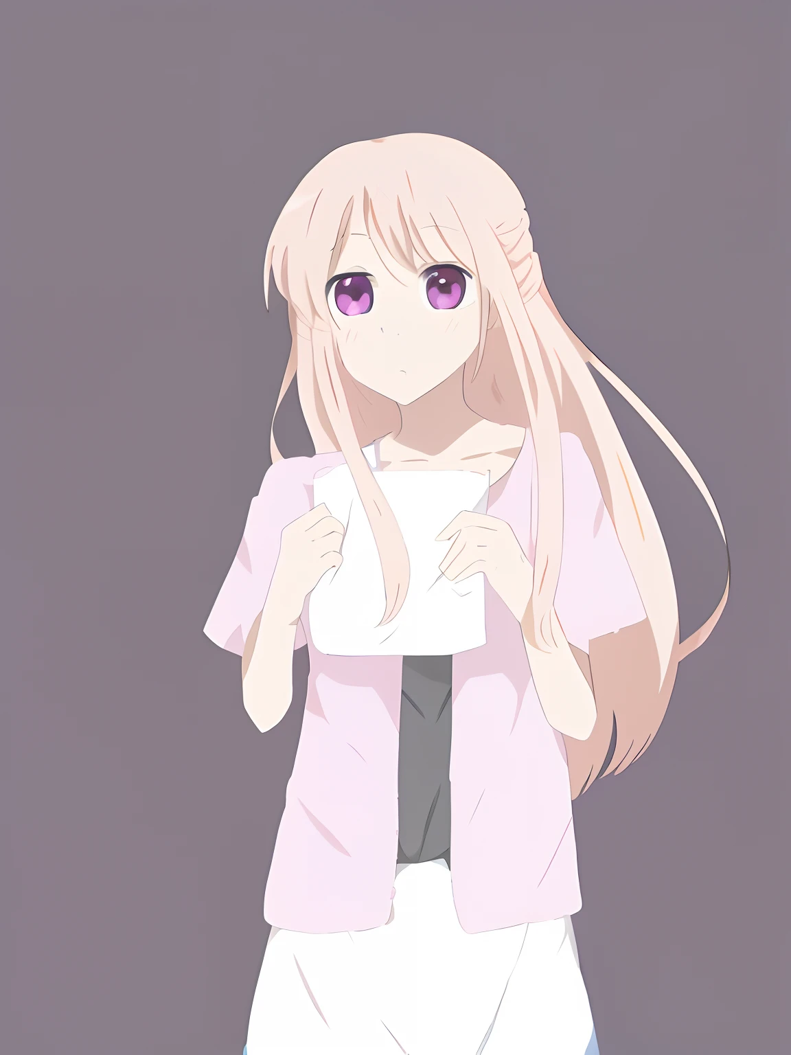 anime girl with long hair and purple eyes wearing a pink shirt, anime girl with long hair, (anime girl),peach anime girl with long hair, cute anime girl,artstyle, flat anime style shading, young anime girl, holo, an anime girl, pretty anime girl, anime visual of a cute girl, anime best girl, soft anime illustration,Tie in half hair,