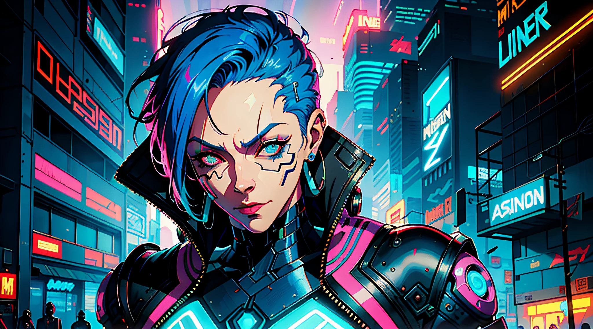 a digital painting of a blue-haired, sexy-expressiond, cyberpunk villain by Josan Gonzalez, winner of the behance contest, afrofuturism, synthwave, neon, glossy neon