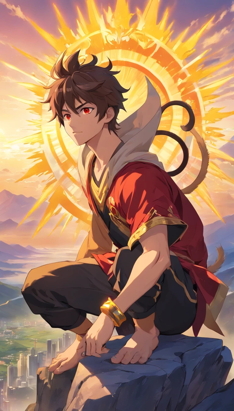 sun wukong in an appearance of a 20 year old young man, wearing a crown, villain with evil look evil face, is sitting on top of a mountain, golden aura around him, with monkey tail, red eyes, black hair, very hairy, with monkey ears, wearing black gold armor