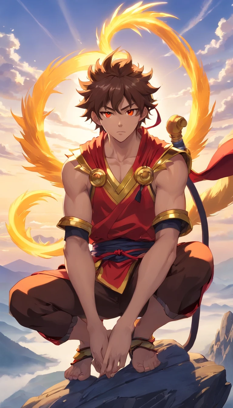 sun wukong in an appearance of a 20 year old young man, wearing a crown, villain with evil look evil face, is sitting on top of a mountain, golden aura around him, with monkey tail, red eyes, black hair, very hairy, with monkey ears, wearing black gold armor