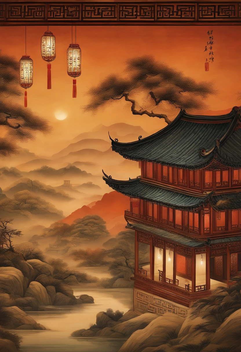 Background wall in ancient study style,On the wall is a Chinese painting style, Chinese style, with ancient chinese aesthetic, Artistic interpretation, There are draperies and ancient lanterns