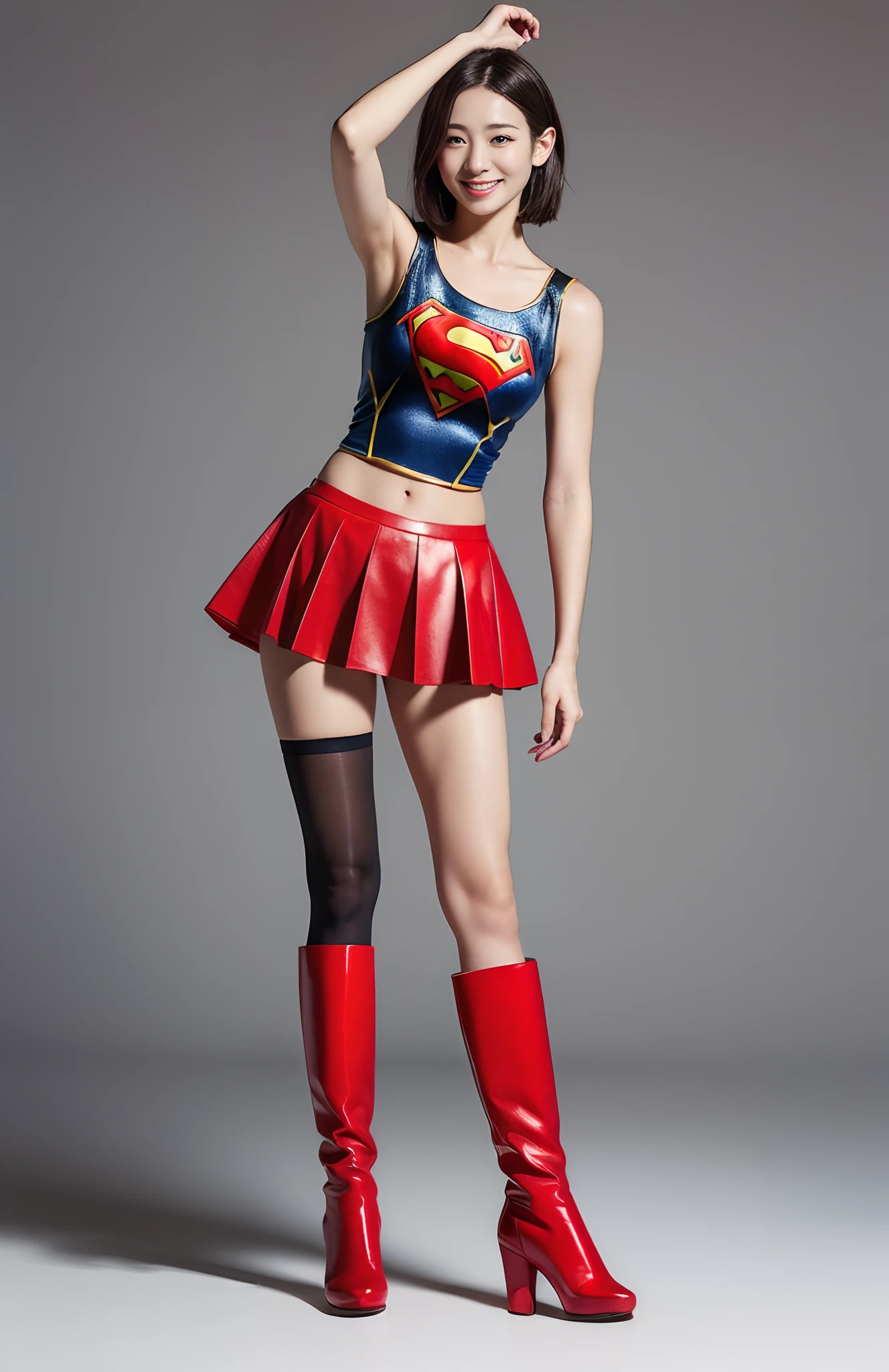 Be sure to wear black tights、(((Make the most of the original image)))、(((Supergirl Costume)))、(((shiny short hair)))、(((Suffering)))、(((Feet must necessarily be worn with black tights)))、(((Smile)))、(((You need to wear red boots)))、((Top image quality、8K))、((top-quality、8K、masterpiece:1.3))、(((Keep your background simple)))、Crisp focus:1.2、Beautiful woman with perfect body shape:1.4、Slender Abs:1.2、a wet body:1.5、Highly detailed facial and skin texture、