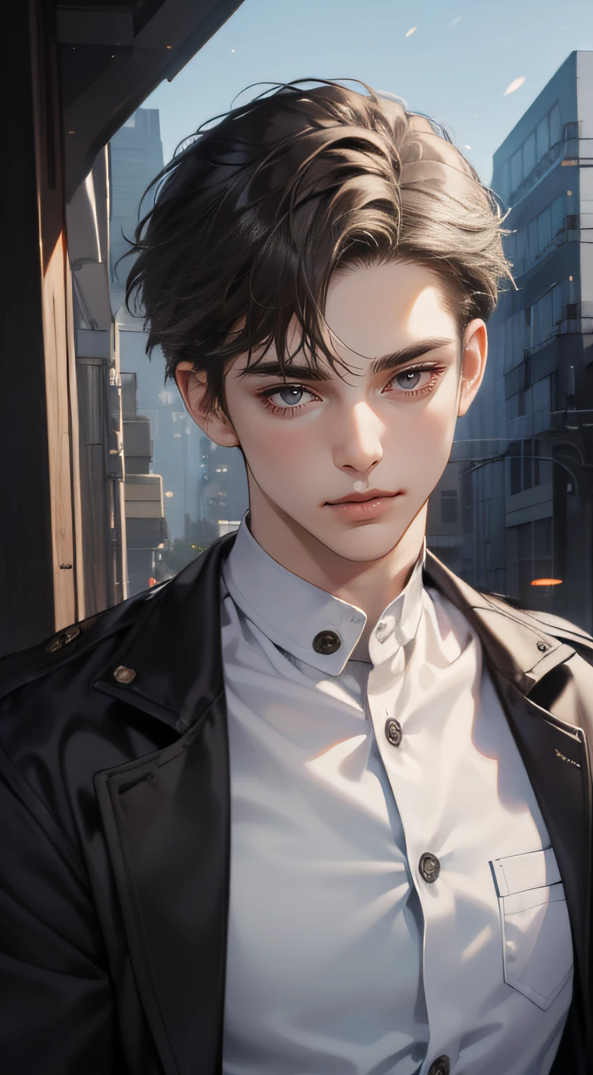 Masterpiece, Best quality, Realistic, 1人, Mature male, Quiet and charming young man, 25 years old, closing her eyes, Just woke up, Extremely detailed face, ((dark gray eyes)), ((Right sweep dark brown short hair)), [Thick eyebrows], Detective, International city, White color blouse,Black police uniform， Black helmet，Cinematic lighting, holding a gun in her hand, Postural dynamics,eyes looking at viewer，On the main road