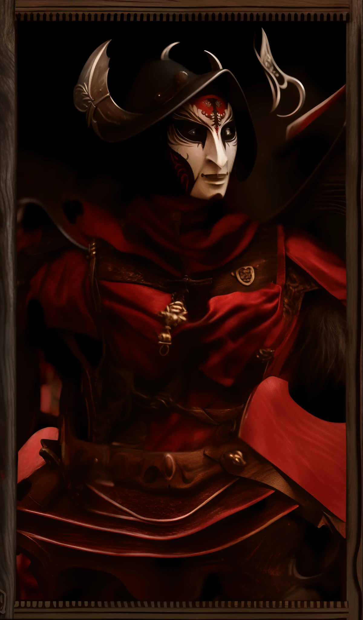 masterpiece, high quality, detailed photo, 1woman, baldur's gate character portrait, (old (wooden mask:1.2), detailed mask, female face mask, face mask painted as female face, carnival mask:1.3), blood red armor, lady in red armor, blood knight, helmet, conquistador 's helmet, crimson heavy armor, black and reddish color armor, wearing daedric armour, portrait of a bloodborne hunter, warrior face painting red, red armor, khorne