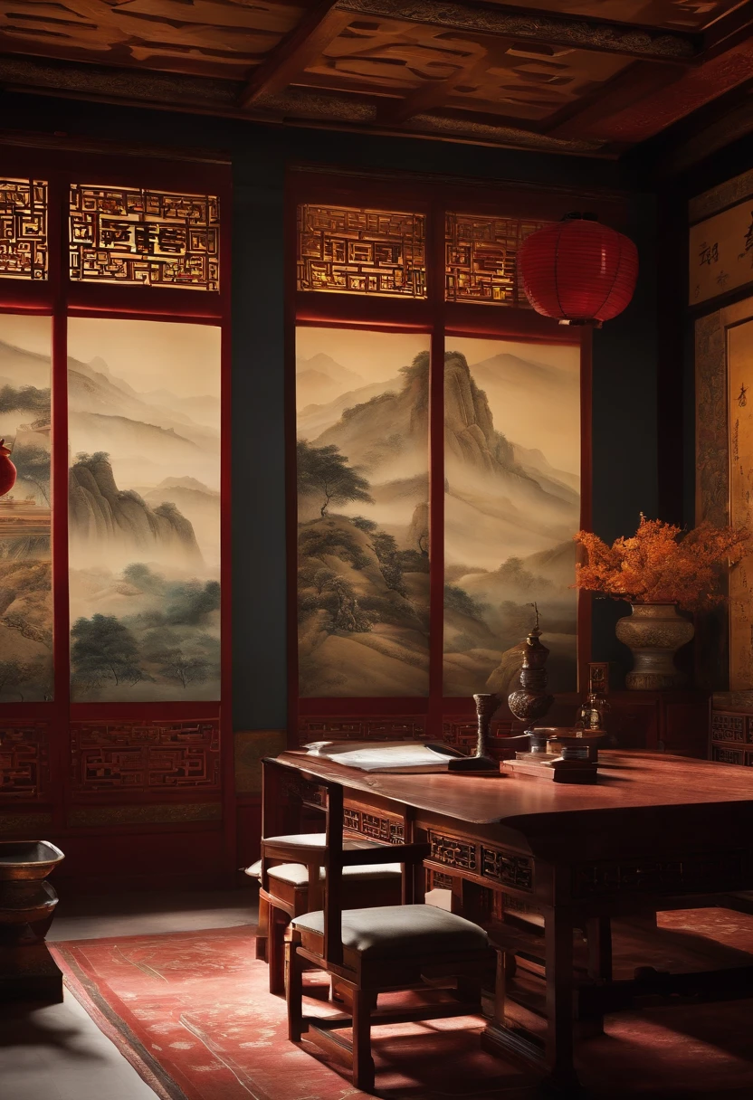 Background wall in ancient study style，On the wall is a landscape painting in the style of Chinese painting, Chinese style, with ancient chinese aesthetic, Artistic interpretation, There are draperies，Military tents