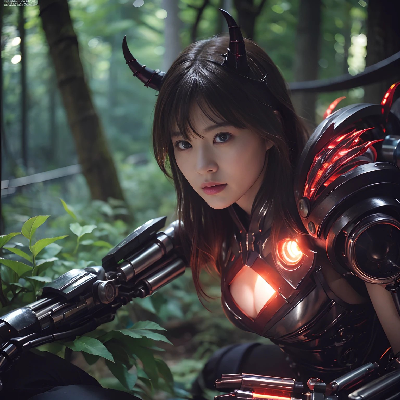 (1 Mechanical Girl)、top-quality、masterpiece、超A high resolution、(Photorealsitic:1.4)、Raw photo、1人、Fight mutants、glowy skin、(((1 Mechanical Girl)))、With a beautiful knife、(Yellow Metal Bodysuit)、(Kobold、ogre、Fierce battle with orcs),(Fight fiercely against aliens)、Fight fiercely、(beautiful forest background)、(Fighting Demonic Beasts)、(Small LED)、((super realistic details))、portlate、(Strong giant demon beast background),globalillumination、Shadow、octan render、8K、ultrasharp、Colossal tits、Raw skin is exposed in cleavage、metals、Details of complex ornaments、Japan details、highly intricate detail、Realistic light、(Mystical expression),CGSoation Trends、Red Eyes、radiant eyes、Facing the camera、neon details、(Mechanical limbs)、(blood vessels connected to tubes)、Mechanical vertebrae attached to the back、mechanical cervical attaching to neck、(Wires and cables connecting to the head)、Gundam、Small LED、,Mechanical thighs、Toostock、(Hands are also made of machines)、(Attack of the Monster Beasts)、(Wounded in a deadly battle)、