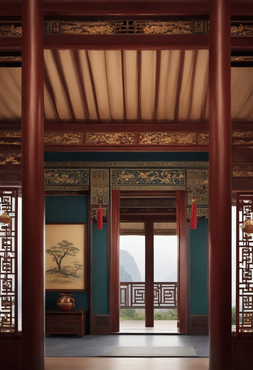 Background wall in ancient study style,frontage,On the wall is a landscape painting in the style of Chinese painting, Chinese style, with ancient chinese aesthetic, Artistic interpretation, There are draperies,Military tents
