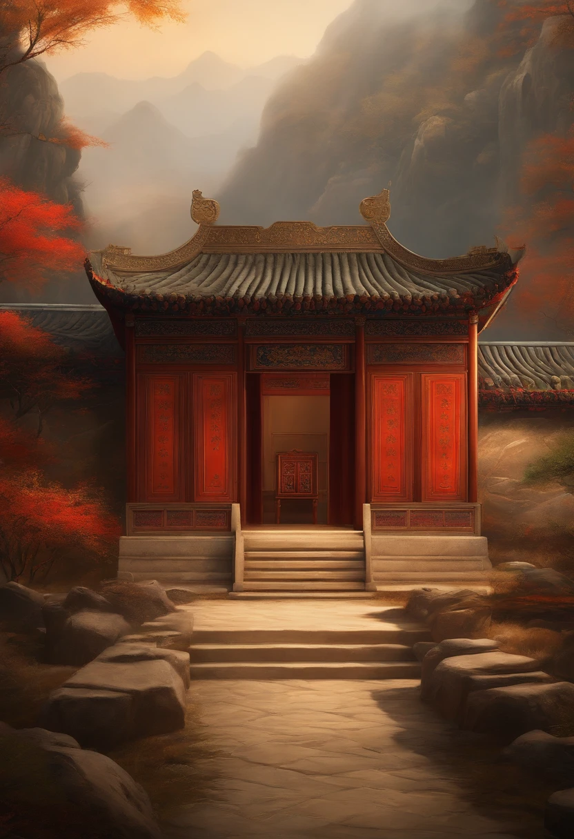 Background wall in ancient study style,frontage,On the wall is a landscape painting in the style of Chinese painting, Chinese style, with ancient chinese aesthetic, Artistic interpretation, There are draperies,Military tents
