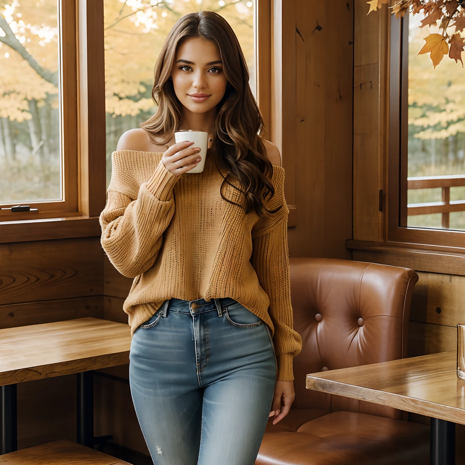 Generate a series of heartwarming photographs of Autumn, the captivating influencer, as she indulges in the seasonal delight of a spiced latte. Autumn should appear in her mid-20s, standing approximately 5'4" tall, with long, wavy chestnut hair gracefully draping over her shoulders. Her athletic hourglass figure is accentuated by her full bust, and her complexion boasts a flawless, sun-kissed tan. Autumn's expressive brown eyes exude charisma, and she carries herself with a relaxed and confident demeanor.
Autumn's outfit should embody cozy chicness, reflecting her impeccable style. She wears a soft, oversized sweater in a warm, inviting color, paired with snug-fitting, high-waisted jeans. This ensemble should create a sense of comfort and sophistication.
The photoshoot takes place in a charming, rustic coffee shop adorned with autumnal decor. The setting should envelop Autumn in the warmth of fall, with soft, diffused lighting that adds to the inviting ambiance. Surroundings should include cozy seating, rustic wooden tables, and the rich aroma of freshly brewed coffee in the air.
Autumn is captured in candid moments, enjoying her spiced latte. These shots should reflect the coziness and tranquility of the coffee shop, as she sips the warm beverage, perhaps gazing out of the window lost in thought or sharing a bright smile. The photography should embrace natural lighting, creating an inviting atmosphere that captures the essence of Autumn's delightful coffee experience.
Intense makeup, cozy ambiance, symmetrical eyes, symmetrical face, photorealistic, photography, path tracing, specular lighting, volumetric face light, path-traced hair, visible shadows, intricate, elaborate, hyper-realistic.