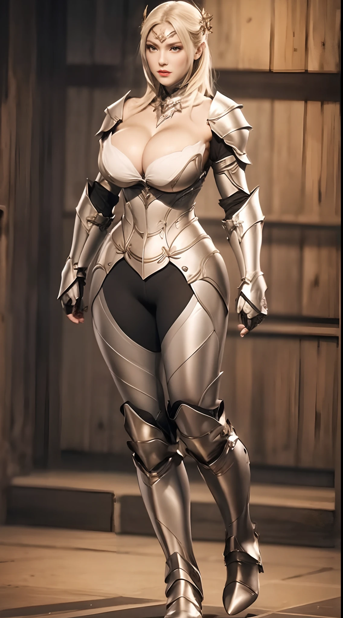 A MATURE WOMAN, HUGE FAKE BOOBS, (BEAUTIFUL FACE), KNIGHT ARMOR BODY, GLOVE, BREASTPLATE, (CLEAVAGE), (SKINTIGHT YOGA PANTS), (KNIGHT BOOTS), (PERFECT BODY:1.2), (FULL BODY VIEW), FRONT, (STANDING:1), SEXY BODY, MUSCLE ABS, UHD, 8K, 1080P.