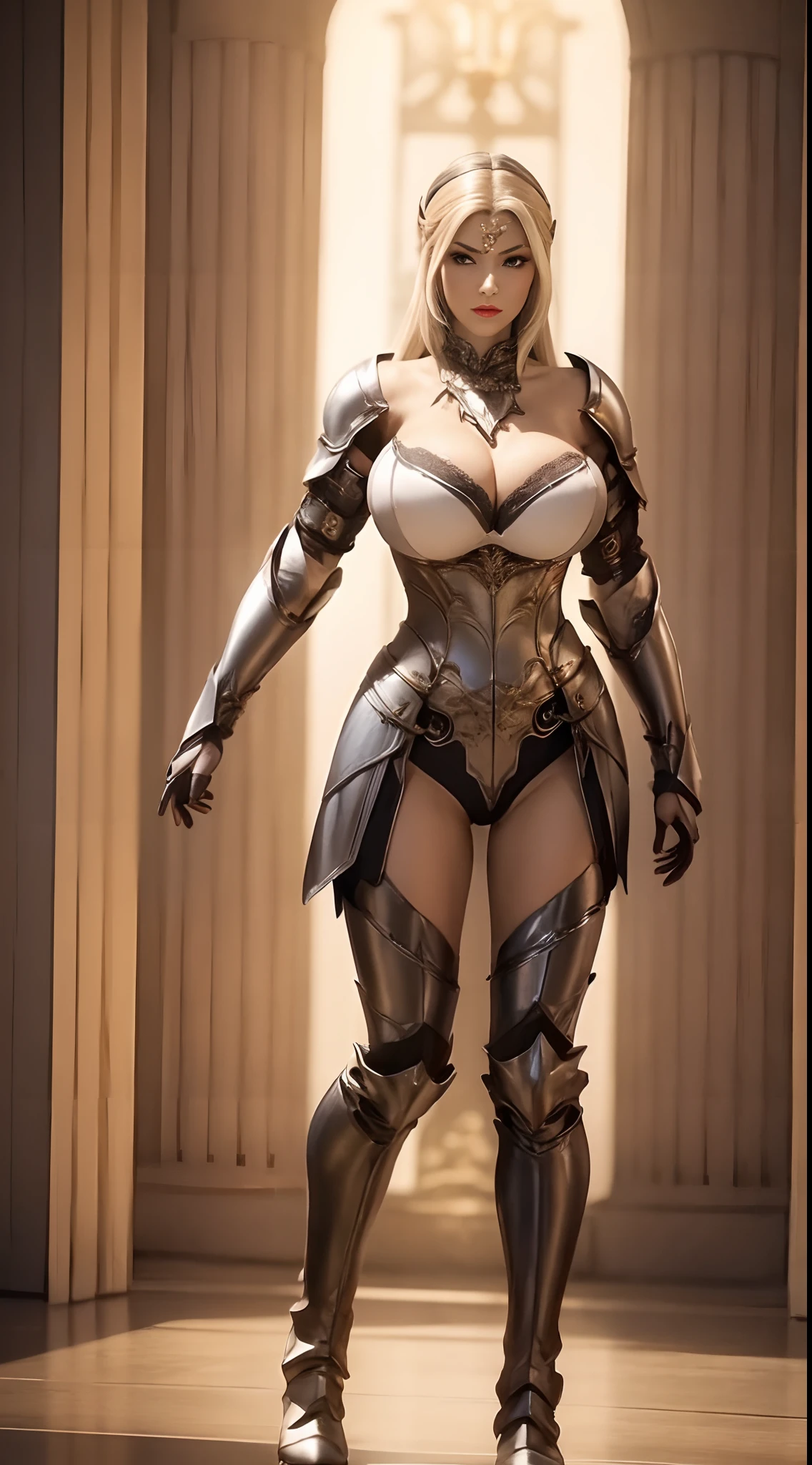 A MATURE WOMAN, HUGE FAKE BOOBS, (BEAUTIFUL FACE), KNIGHT ARMOR BODY, GLOVE, BREASTPLATE, (CLEAVAGE), (SKINTIGHT YOGA PANTS), (KNIGHT BOOTS), (PERFECT BODY:1.2), (FULL BODY VIEW), FRONT, (STANDING:1), SEXY BODY, MUSCLE ABS, UHD, 8K, 1080P.