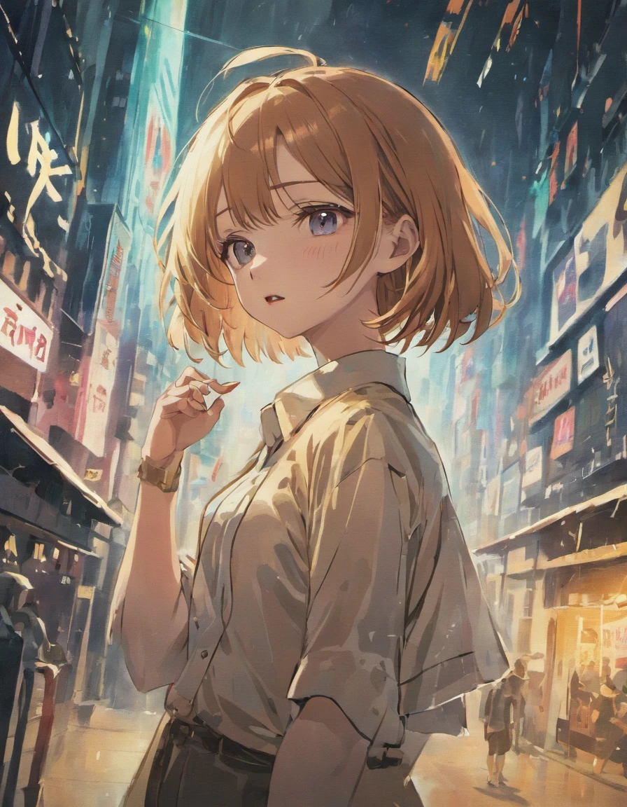 A dark-haired、bob cuts、Woman with shirt flapping her chest、Hide your eyes with banknotes、a beauty girl