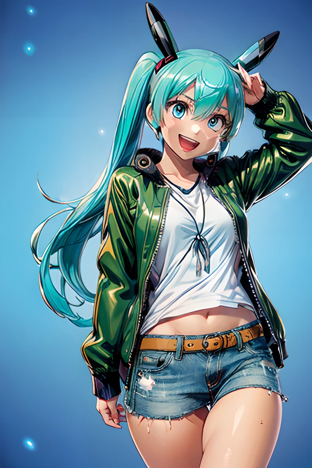 Ahegao、top-quality, Photorealistic, An ultra-fine illustrations, beautiful attractive anime girl, miku hatsune, Slender body, Tied hair, one girls, a photo of girl, Full body shot, Beautiful blue eyes, Turned、miku hatsune、Pokémon, Pikachu Coat,surrealism, Realism, Cinematic lighting, Fuji Film, Sony FE, Sony FE GM, hyper HD, masutepiece, High quality, hight resolution, Super Detail,Pikachu, A girl, White skinned, hands in the pocket,sexy for, Smiling short denim skirt, Gradient Hair, aqua eyes