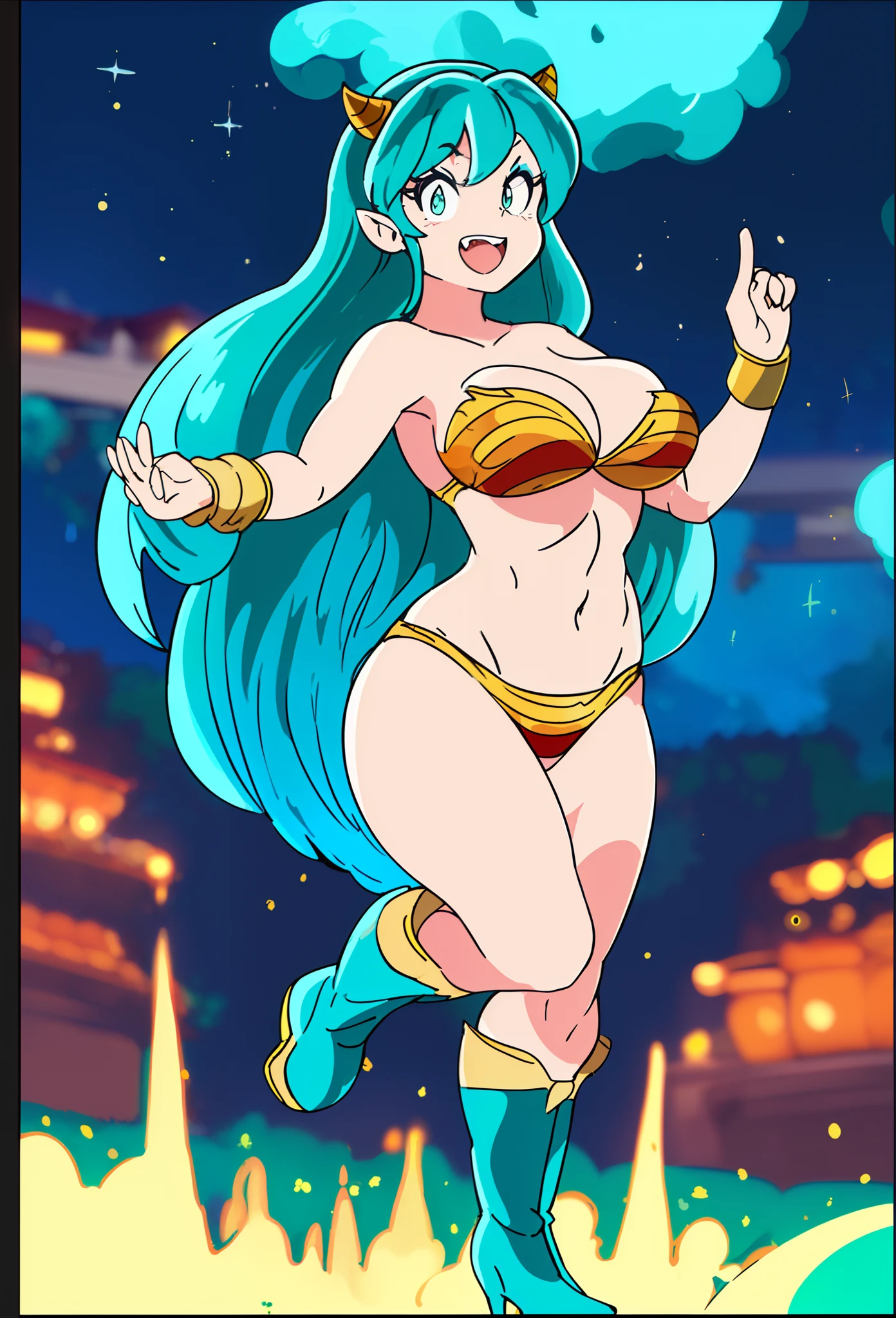 lum, superhero costume,, standing,, boots, oni, smile,, full body, sentai, bikini, horns, curvy, big breast, open mouth teeths, fangs,(best quality,4k,8k,highres,masterpiece:1.2),mega-detailed,(,1.37),portraits,vivid colors,warm tones,soft lighting, immovile pose