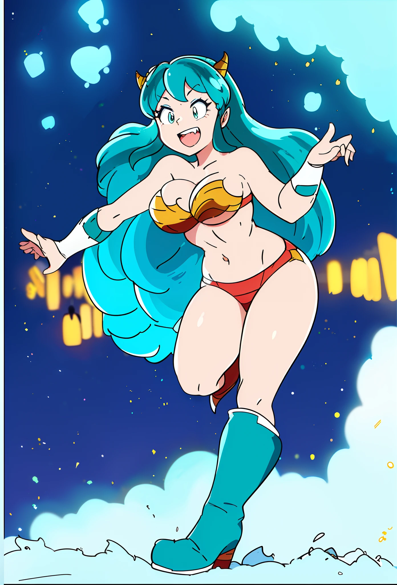 lum, superhero costume,, standing,, boots, oni, smile,, full body, sentai, bikini, horns, curvy, big breast, open mouth teeths, fangs,(best quality,4k,8k,highres,masterpiece:1.2),mega-detailed,(,1.37),portraits,vivid colors,warm tones,soft lighting, immovile pose