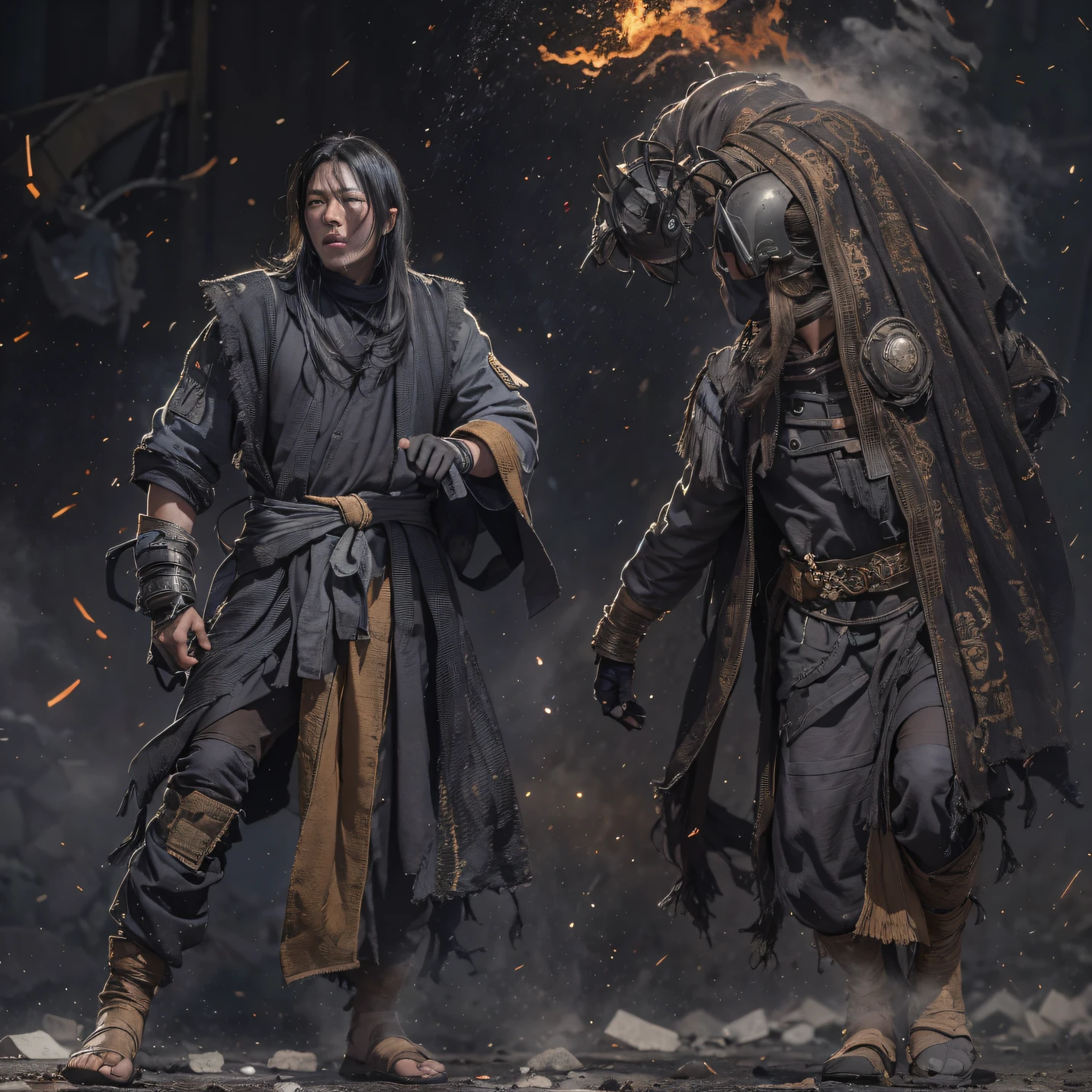 The wounded paved the streets(Doomsday ruins)Climb the street(Doomsday ruins)eyes filled with angry,He clenched his fists,Rush up,Deliver a fatal blow to your opponent,full bodyesbian,Full Body Male Mage 32K(tmasterpiece,hyper HD)Long flowing black hair,Campsite size,zydink, The wounded paved the streets(Doomsday ruins)Climb the street, The scene of the explosion(Doomsday ruins), (Linen batik scarf), Angry fighting stance, looking at the ground, Batik linen bandana, Chinese python pattern long-sleeved garment, (Abstract propylene splash:1.2), Dark clouds lightning background,Flour flies(realisticlying:1.4),Black color hair,Flour fluttering,Background fog, A high resolution, the detail, RAW photogr, Sharp Re, Nikon D850 Film Stock Photo by Jefferies Lee 4 Kodak Portra 400 Camera F1.6 shots, Rich colors, ultra-realistic vivid textures, Dramatic lighting, Unreal Engine Art Station Trend, cinestir 800,Flowing black hair,(((Male mage)))The wounded paved the streets(Doomsday ruins)Climb the street,