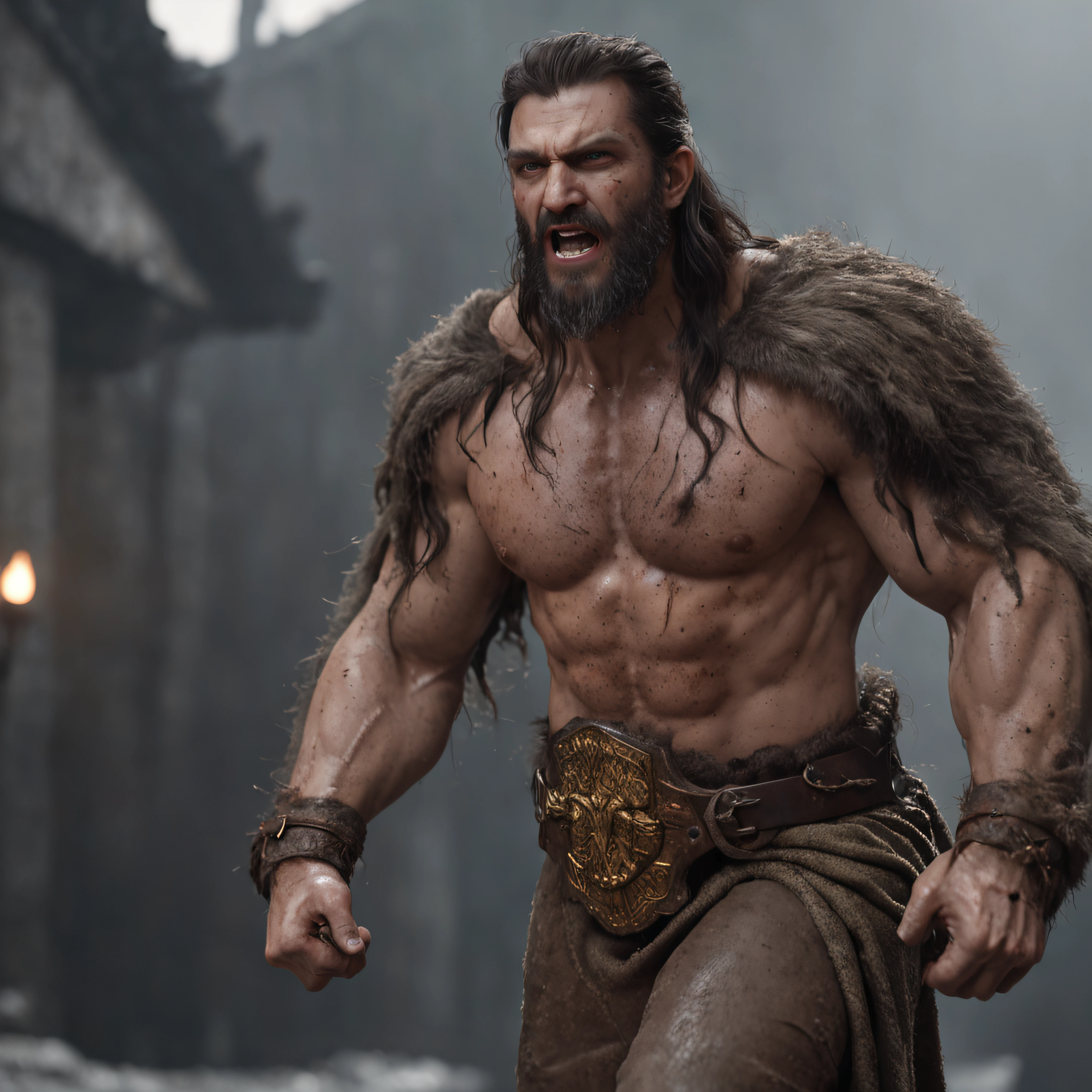 (professional 3d render:1.3) af (Realistic:1.3) most beautiful artwork photo in the world,Features soft and shiny male heroes, ((Epic hero fantasy muscle man rough wet hero angry looking long hair short beard and ferocious expression in dynamic pose, Fantastic location, Majestic cluttered environment)), Full body 8K unified rendering, action shot, skin pore, very dark lighting, heavyshading, Detailed, Detailed face, (vibrant, photograph realistic, Realistic, Dramatic, Dark, Sharp focus, 8K), (Old leather garments damaged by weathering:1.4), ((((Wear fur)))), (Intricate:1.4), decadent, (Highly detailed:1.4), Digital painting, rendering by octane, art stations, concept-art, smooth, Sharp focus, illustration, Art germ, (loish:0.23), wlop ilya kuvshinov, and greg rutkowski and alphonse mucha gracias, (Global illumination, Studio light, volumettic light), heavy rain, particles floating, lotr, fantasy, elf, full bodyesbian, ((Dark and ancient city background:1.3)),CGSesociety,art stations