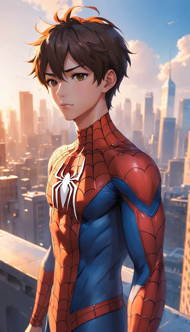 (1boy:1.3), solo, ((very detailed face)))), ((very detailed eyes and face)))), beautiful detailed eyes, body parts__, full body portrait, official art, unified 8k wallpaper, super detailed, (thick body), sexy, beautiful and beautiful, beautiful, masterpiece, best quality, original, masterpiece, super fine photo, best quality, super high resolution, realistic realism, sunlight, full body portrait, amazing handsome, dynamic pose, delicate face, vibrant eyes, (from the front), wearing Spider-Man suit, red and black color scheme, spider, very detailed city roof background, rooftop, overlooking the city, detailed face, detailed complex busy background, messy, gorgeous, milky white, highly detailed skin, realistic skin details, visible pores, clear focus, volumetric fog, 8k uhd, DSLR, high quality, film grain, fair skin, photo realism, lomography, futuristic dystopian megalopolis, translucent, (bulge in his pants), (Mechanical Joints: 1.2),