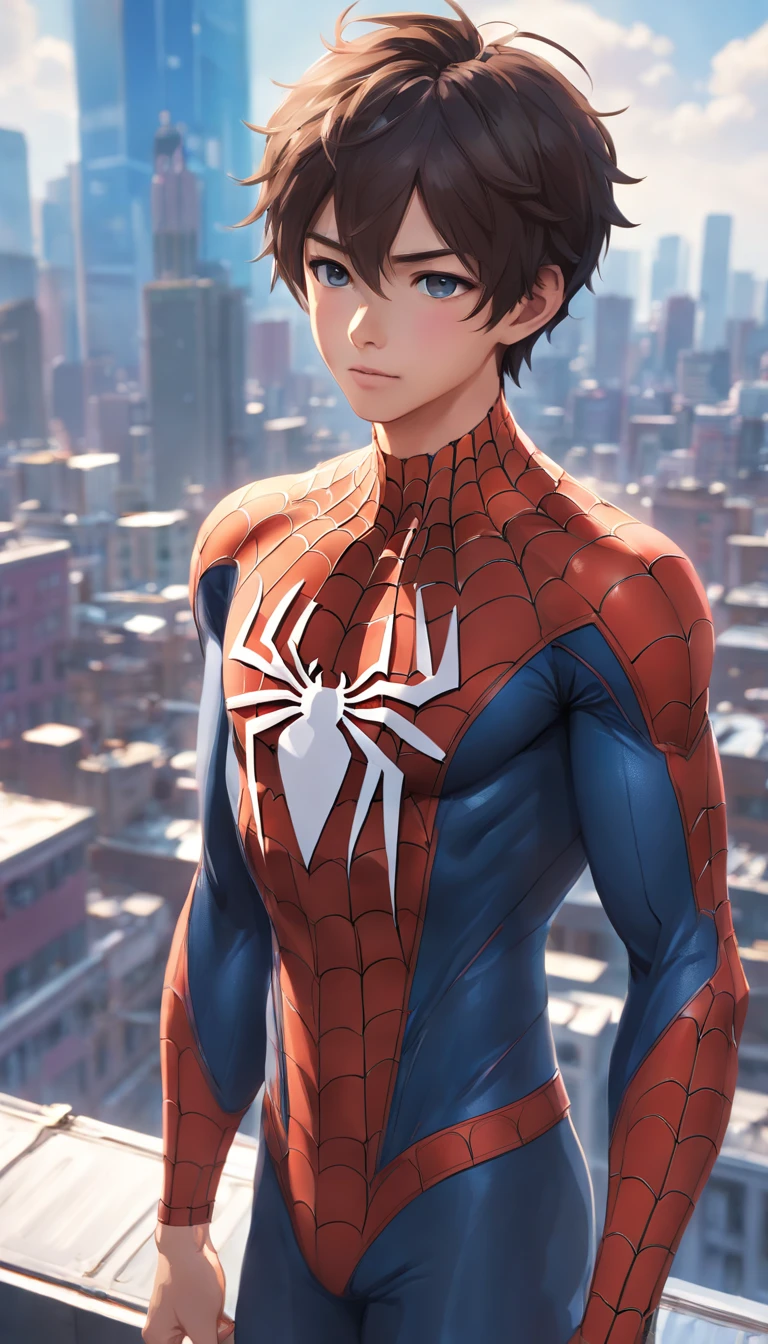 (1boy:1.3), solo, ((very detailed face)))), ((very detailed eyes and face)))), beautiful detailed eyes, body parts__, full body portrait, official art, unified 8k wallpaper, super detailed, (thick body), sexy, beautiful and beautiful, beautiful, masterpiece, best quality, original, masterpiece, super fine photo, best quality, super high resolution, realistic realism, sunlight, full body portrait, amazing handsome, dynamic pose, delicate face, vibrant eyes, (from the front), wearing Spider-Man suit, red and black color scheme, spider, very detailed city roof background, rooftop, overlooking the city, detailed face, detailed complex busy background, messy, gorgeous, milky white, highly detailed skin, realistic skin details, visible pores, clear focus, volumetric fog, 8k uhd, DSLR, high quality, film grain, fair skin, photo realism, lomography, futuristic dystopian megalopolis, translucent, (bulge in his pants), (Mechanical Joints: 1.2),