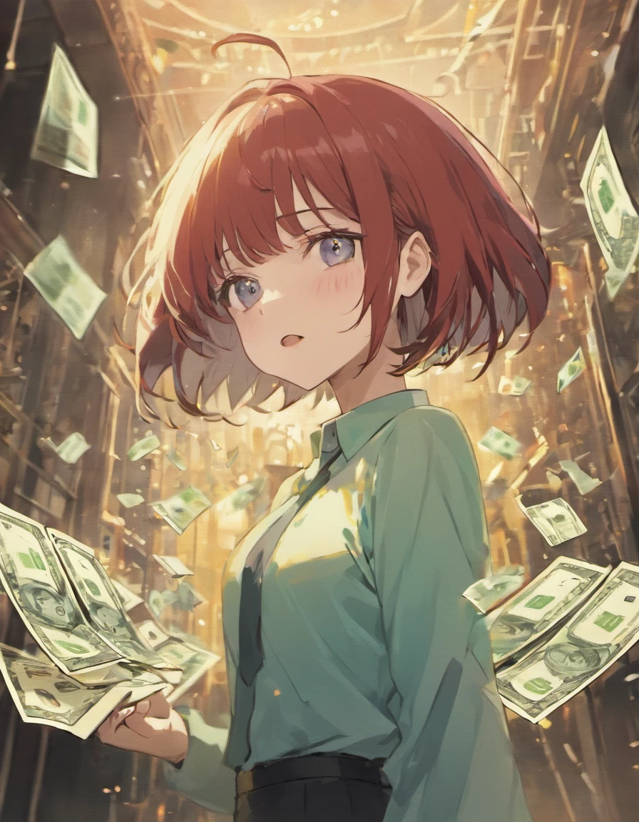 Sexy woman, seafoam green dress, big chest, seafoam color high heels, short layered red color hair, mole on face, smirking, pile of money, rich woman, nsfw, full-body