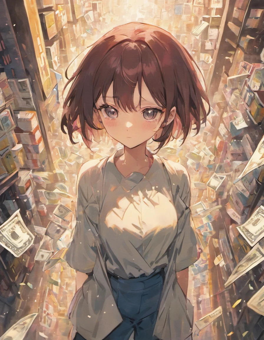 A dark-haired、bob cuts、Woman in shirt flapping her chest、bustup、Composition from the front、(Hide your eyes with banknotes)、a beauty girl
