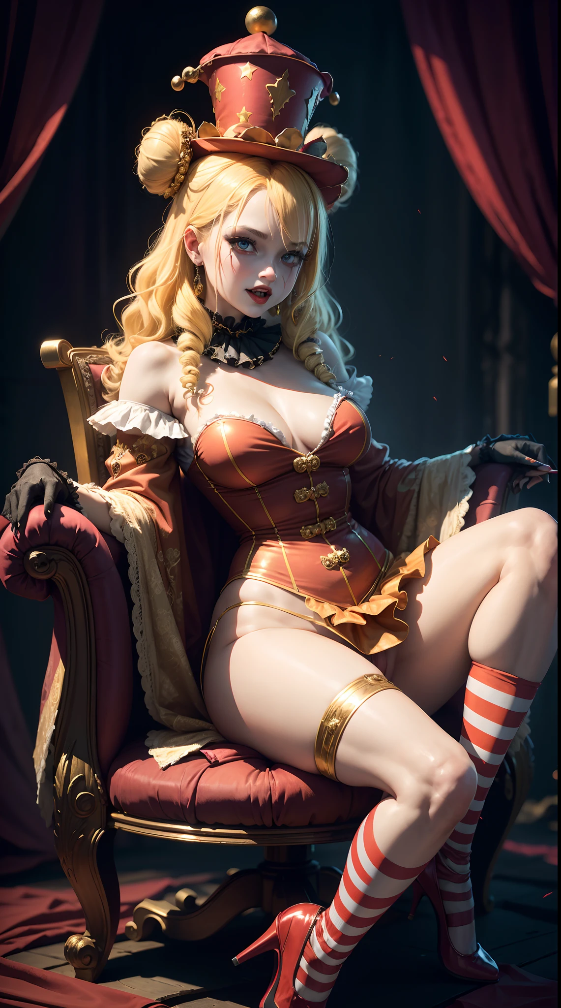 Crazy Clown Queen, sitting on a golden throne, Wear a clown hat, Wear clown costumes, mitts, vivd colour, Laughing, Deep blonde hair, Cute breasts, Horror , (did not wear panties)，Wavy hair, Bun, and high heels. （bloods), Circus props, spooky ambiance, haunted background. Surrealist style, Sharp contrast, ominous lighting, high-density imaging review, Ultra-high definition, Studio lighting,physically-based renderingt, Extreme detail description, professional (Horror )