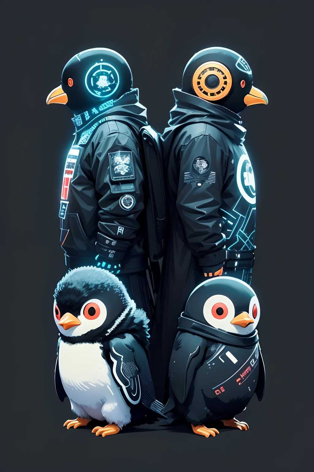 Illustration of cyberpunk penguins isolated on black background、a sticker、Bold outline style、jagged、dark side、Light shading