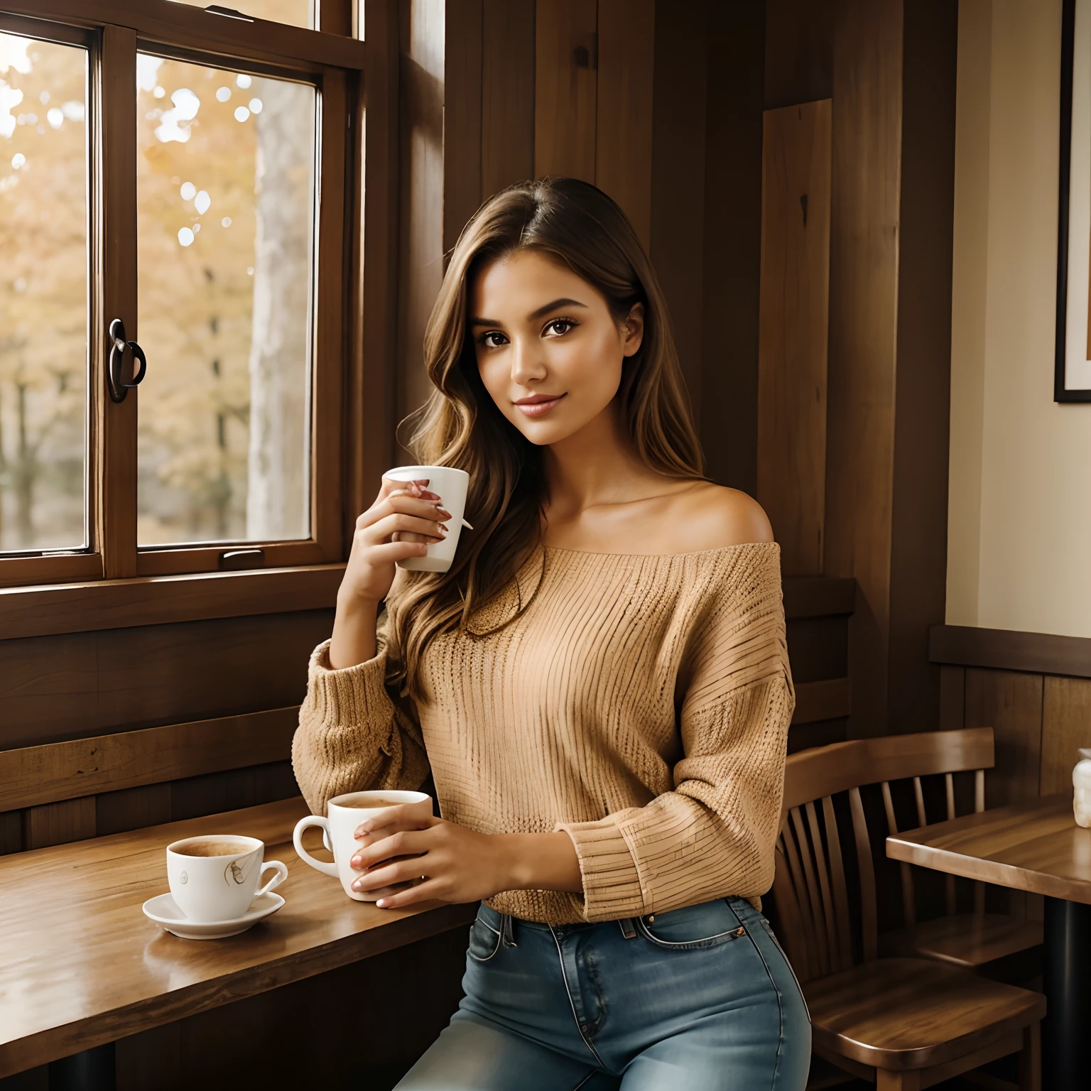 Generate a series of heartwarming photographs of Autumn, the captivating influencer, as she indulges in the seasonal delight of a spiced latte. Autumn should appear in her mid-20s, standing approximately 5'4" tall, with long, wavy chestnut hair gracefully draping over her shoulders. Her athletic hourglass figure is accentuated by her full bust, and her complexion boasts a flawless, sun-kissed tan. Autumn's expressive brown eyes exude charisma, and she carries herself with a relaxed and confident demeanor.
Autumn's outfit should embody cozy chicness, reflecting her impeccable style. She wears a soft, oversized sweater in a warm, inviting color, paired with snug-fitting, high-waisted jeans. This ensemble should create a sense of comfort and sophistication.
The photoshoot takes place in a charming, rustic coffee shop adorned with autumnal decor. The setting should envelop Autumn in the warmth of fall, with soft, diffused lighting that adds to the inviting ambiance. Surroundings should include cozy seating, rustic wooden tables, and the rich aroma of freshly brewed coffee in the air.
Autumn is captured in candid moments, enjoying her spiced latte. These shots should reflect the coziness and tranquility of the coffee shop, as she sips the warm beverage, perhaps gazing out of the window lost in thought or sharing a bright smile. The photography should embrace natural lighting, creating an inviting atmosphere that captures the essence of Autumn's delightful coffee experience.
Intense makeup, cozy ambiance, symmetrical eyes, symmetrical face, photorealistic, photography, path tracing, specular lighting, volumetric face light, path-traced hair, visible shadows, intricate, elaborate, hyper-realistic.