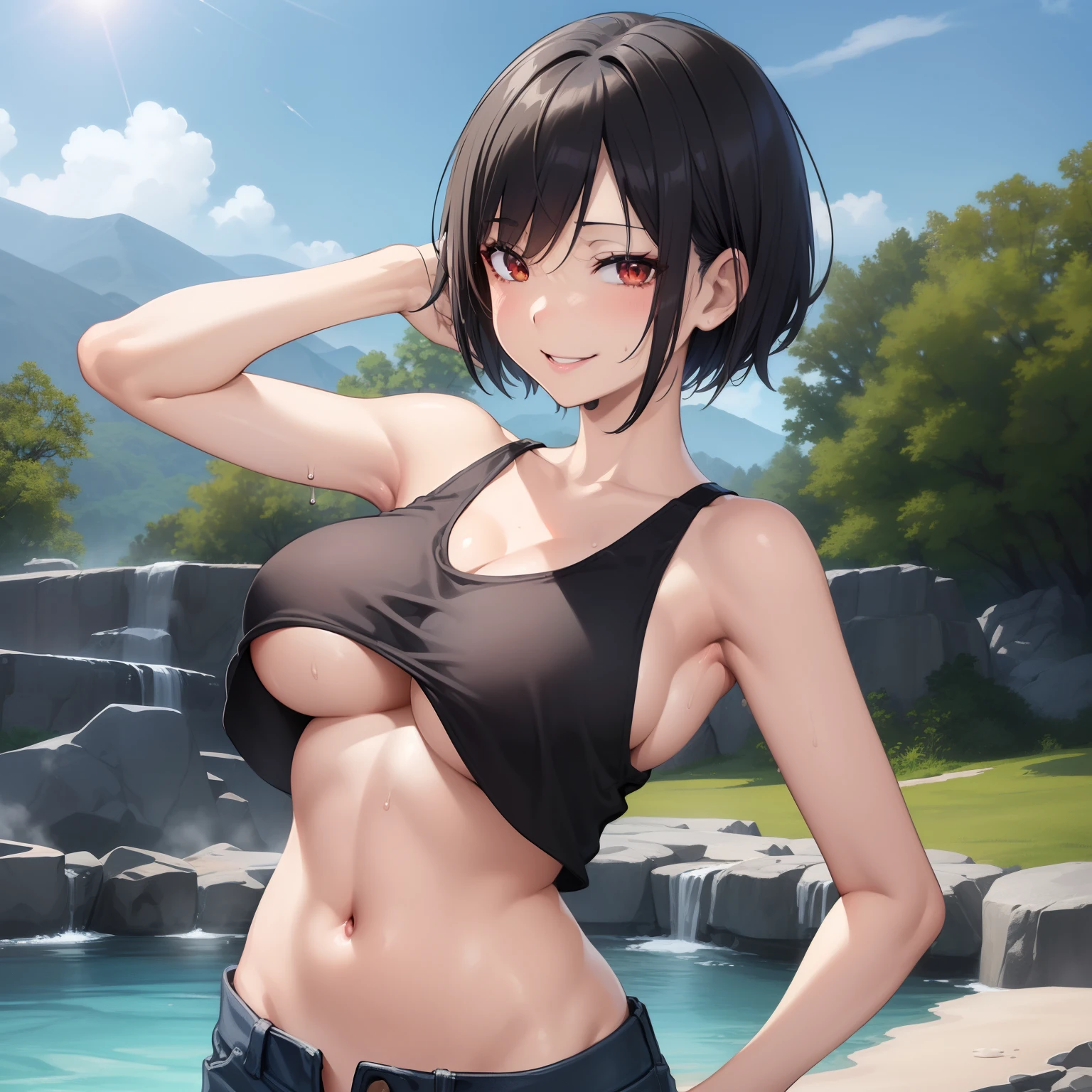 nsfw,(masutepiece, Top quality), High quality, (illustration:1.3), 1 Girl, 35 years old, MILF, medium tits, black bob cut, (happy smile:1.3), (black tank top, underboob), blue hot pants, hot spring, armpit, cowboy shot, eye contact, sunlight, (Sweat:1.1)