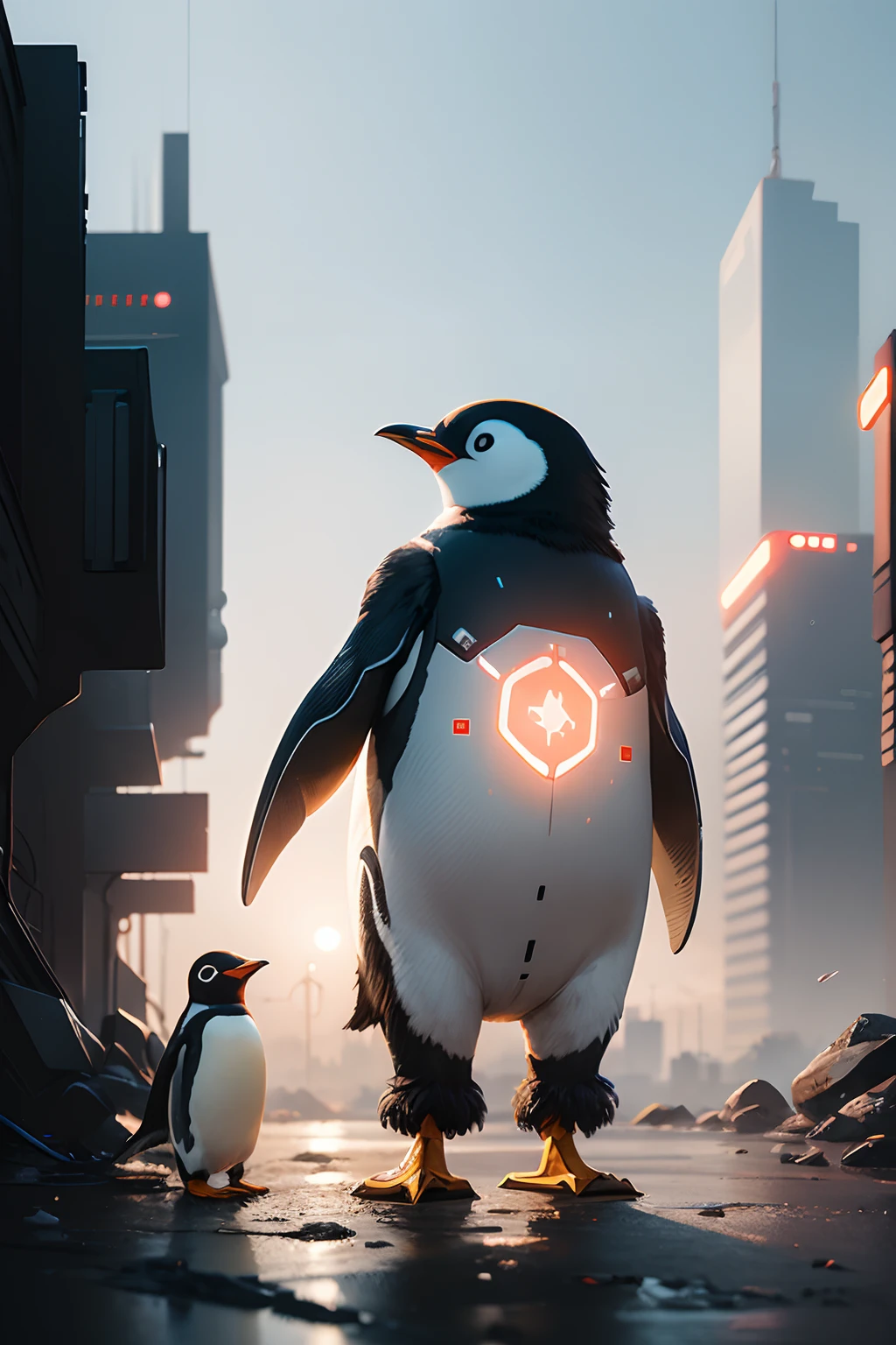 ((a sticker))、White background、simple background、concept-art、Sotourt、Anthuro Penguin、Cyberpunk Penguins、retro-futuristic、Cinematic lighting