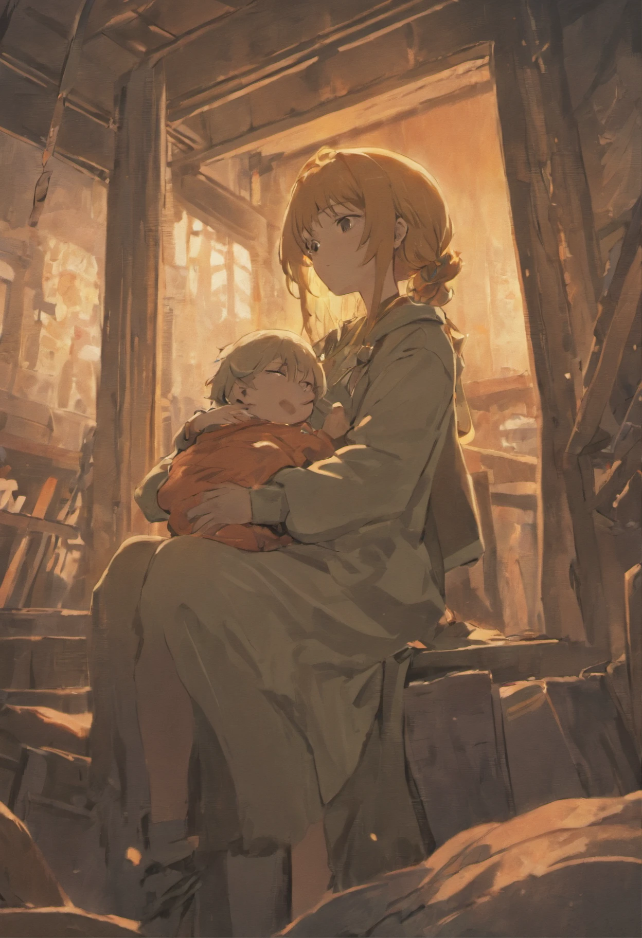 Sad poor anime girl holding a male  in apocalipse at home