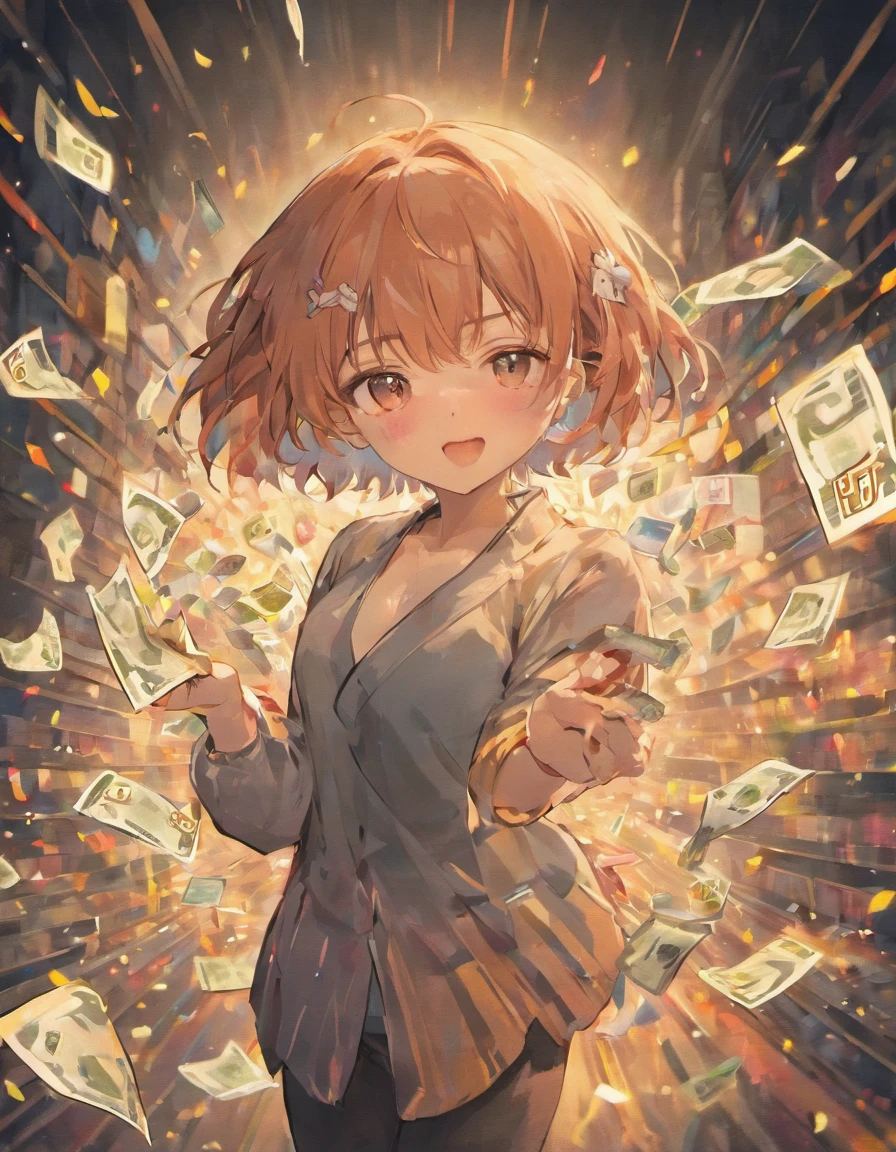 Woman with a blindfold、Hold a banknote in your hand and hide your eyes、A dark-haired、bob cuts、Woman in shirt flapping her chest、bustup、Composition from the front、(Hide your eyes with banknotes)、a beauty girl