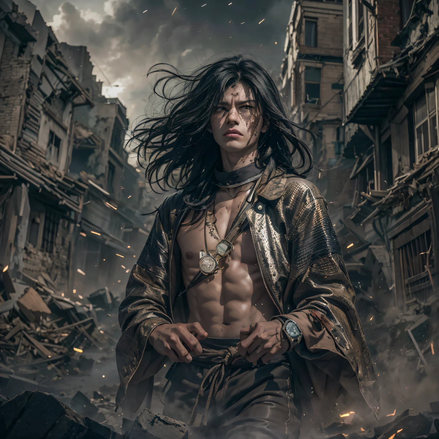 The wounded line the streets（Doomsday ruins）Climb the streets（Doomsday ruins）eyes filled with angry，He clenched his fists，Rush up，Deliver a fatal blow to your opponent，full bodyesbian，Full Body Male Mage 32K（tmasterpiece，hyper HD）Long flowing black hair，Campsite size，zydink， The wounded line the streets（Doomsday ruins）Climb the streets， The scene of the explosion（Doomsday ruins）， （Linen batik scarf）， Angry fighting stance， looking at the ground， Batik linen bandana， Chinese python pattern long-sleeved garment， （Abstract propylene splash：1.2）， Dark clouds lightning background，Flour flies（realisticlying：1.4），Black color hair，Flour fluttering，Background fog， A high resolution， the detail， RAW photogr， Sharp Re， Nikon D850 Film Stock Photo by Jefferies Lee 4 Kodak Portra 400 Camera F1.6 shots, Rich colors, ultra-realistic vivid textures, Dramatic lighting, Unreal Engine Art Station Trend, cinestir 800，Flowing black hair,（（（Male mage）））The wounded line the streets（Doomsday ruins）Climb the streets，