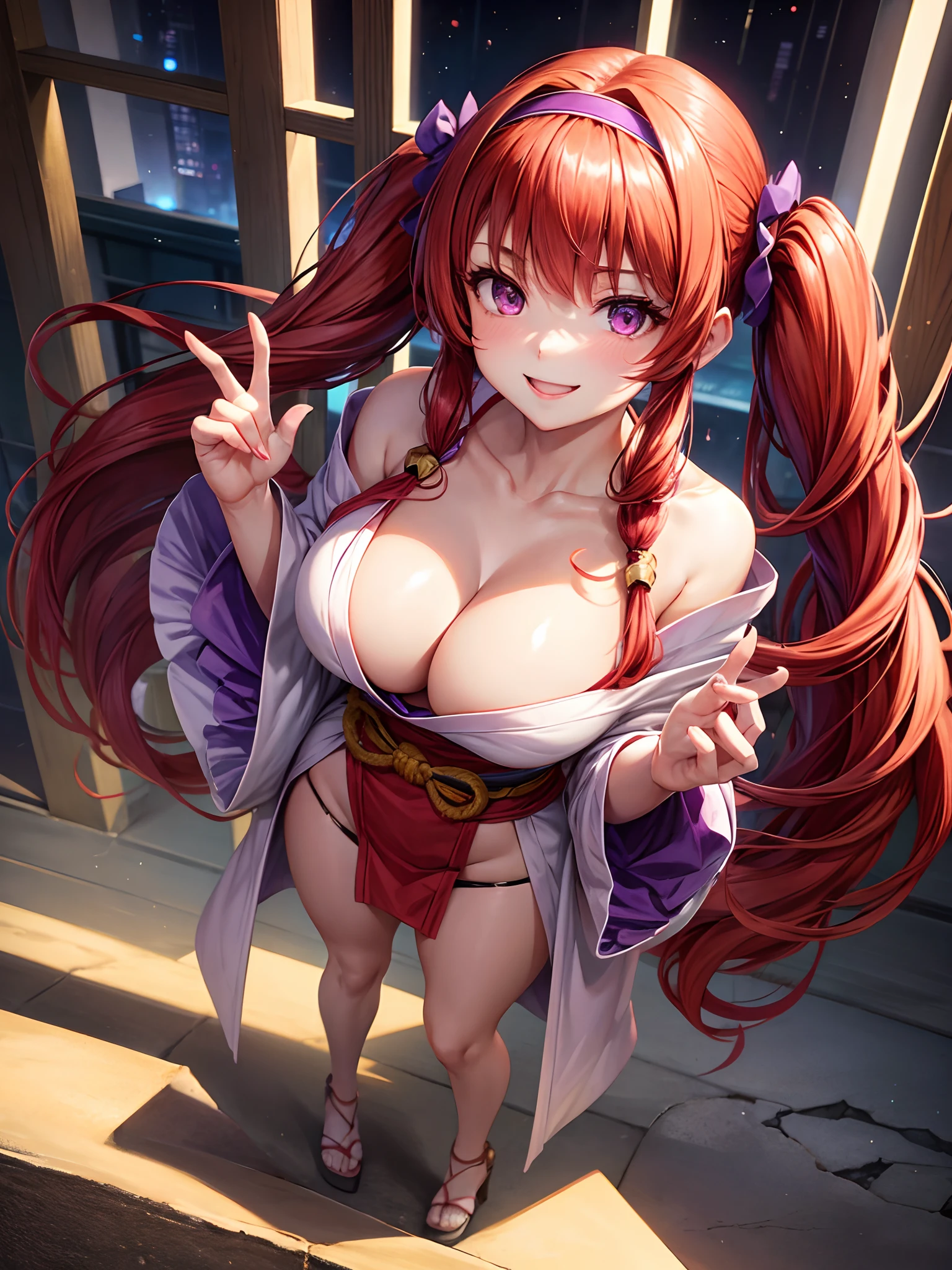 1girl, solo, full body, shoulder length hair, red hair, low twintails, hairband, large breasts, beige kimono, cleavage, large eyes, purple eyes, smile, brown high heels, looking at the viewer