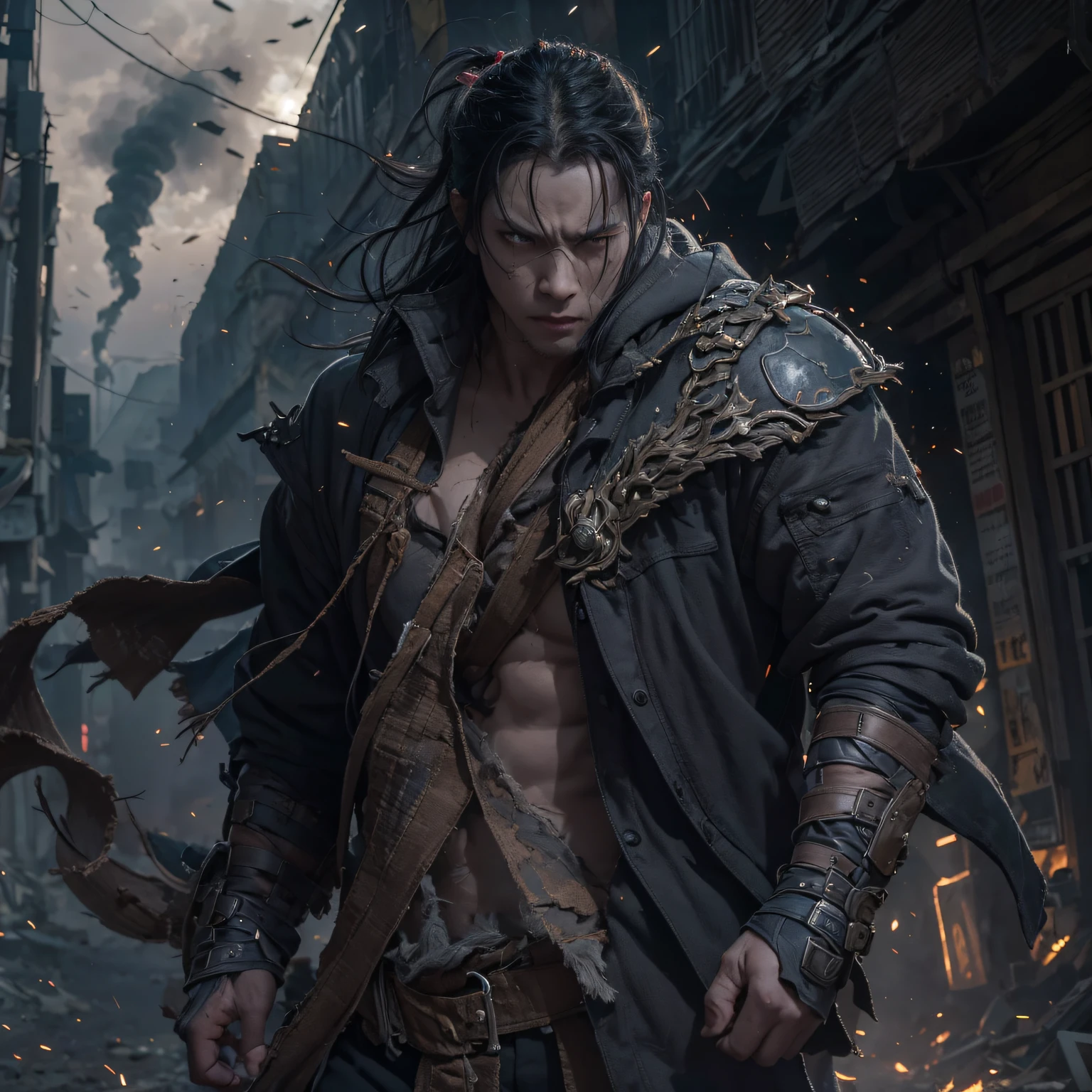 The wounded line the streets(Doomsday ruins)Climb the streets(Doomsday ruins)eyes filled with angry,He clenched his fists,Rush up,Deliver a fatal blow to your opponent,full bodyesbian,Full Body Male Mage 32K(tmasterpiece,hyper HD)Long flowing black hair,Campsite size,zydink, The wounded line the streets(Doomsday ruins)Climb the streets, The scene of the explosion(Doomsday ruins), (Linen batik scarf), Angry fighting stance, looking at the ground, Batik linen bandana, Chinese python pattern long-sleeved garment, (Abstract propylene splash:1.2), Dark clouds lightning background,Flour flies(realisticlying:1.4),Black color hair,Flour fluttering,Background fog, A high resolution, the detail, RAW photogr, Sharp Re, Nikon D850 Film Stock Photo by Jefferies Lee 4 Kodak Portra 400 Camera F1.6 shots, Rich colors, ultra-realistic vivid textures, Dramatic lighting, Unreal Engine Art Station Trend, cinestir 800,Flowing black hair,(((Male mage)))The wounded line the streets(Doomsday ruins)Climb the streets,