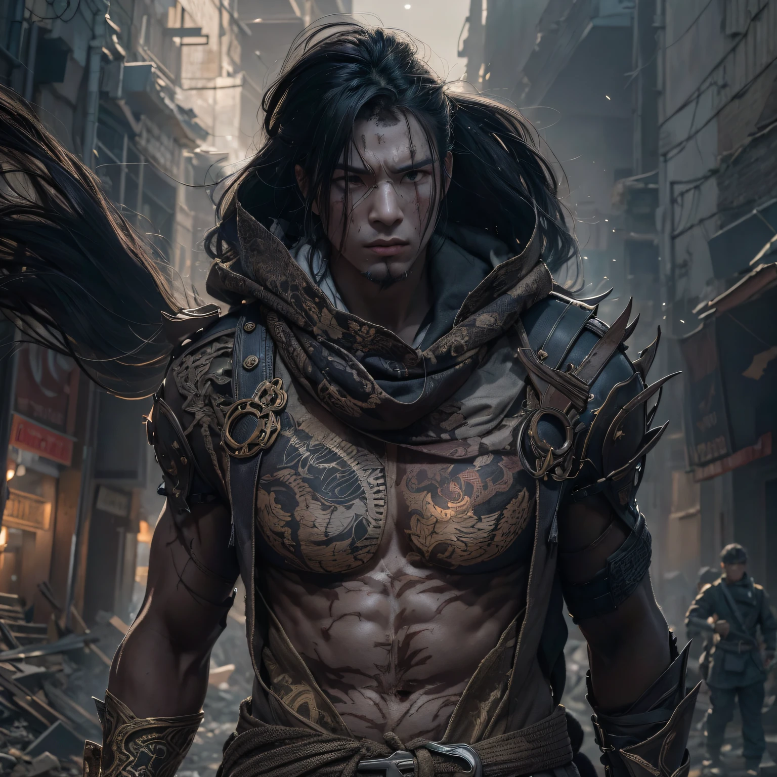 The wounded line the streets(Doomsday ruins)Climb the streets(Doomsday ruins)eyes filled with angry,He clenched his fists,Rush up,Deliver a fatal blow to your opponent,full bodyesbian,Full Body Male Mage 32K(tmasterpiece,hyper HD)Long flowing black hair,Campsite size,zydink, The wounded line the streets(Doomsday ruins)Climb the streets, The scene of the explosion(Doomsday ruins), (Linen batik scarf), Angry fighting stance, looking at the ground, Batik linen bandana, Chinese python pattern long-sleeved garment, (Abstract propylene splash:1.2), Dark clouds lightning background,Flour flies(realisticlying:1.4),Black color hair,Flour fluttering,Background fog, A high resolution, the detail, RAW photogr, Sharp Re, Nikon D850 Film Stock Photo by Jefferies Lee 4 Kodak Portra 400 Camera F1.6 shots, Rich colors, ultra-realistic vivid textures, Dramatic lighting, Unreal Engine Art Station Trend, cinestir 800,Flowing black hair,(((Male mage)))The wounded line the streets(Doomsday ruins)Climb the streets,