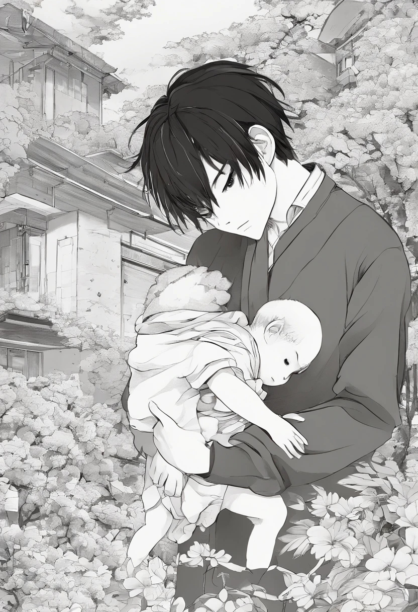 Sad poor anime girl holding a male with a man in apocalipse at home