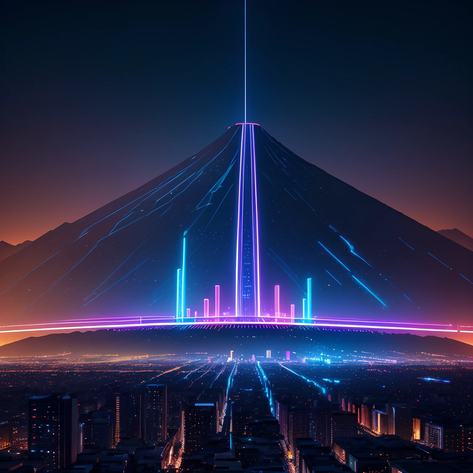 (Best Quality,8K,Realistic:1.37),neons,The sheen,shiny,tron,A city scape,Digital World,digital,Teotihuacan,Ancient Civilizations,Cyber City,Strong contrast