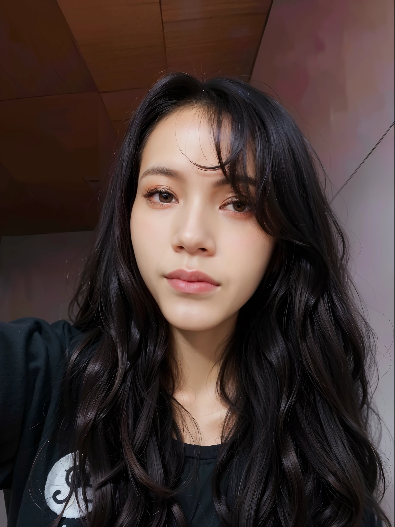 High quality image, masterpiece, detailed hair texture, detailed skin texture, detailed cloth texture, 8k, add fabric details, ultra detailed skin texture, ultra detailed photo, skin pores, cloth details, high skin details, realistic hair details, there is a woman with long black hair and a black shirt, with long hair, korean symmetrical face, wide forehead, asian face, south east asian with round face, young cute wan asian face, young adorable korean face, xintong chen, a young asian woman, 8k selfie photograph, korean face features, xision wu, korean girl, with short hair