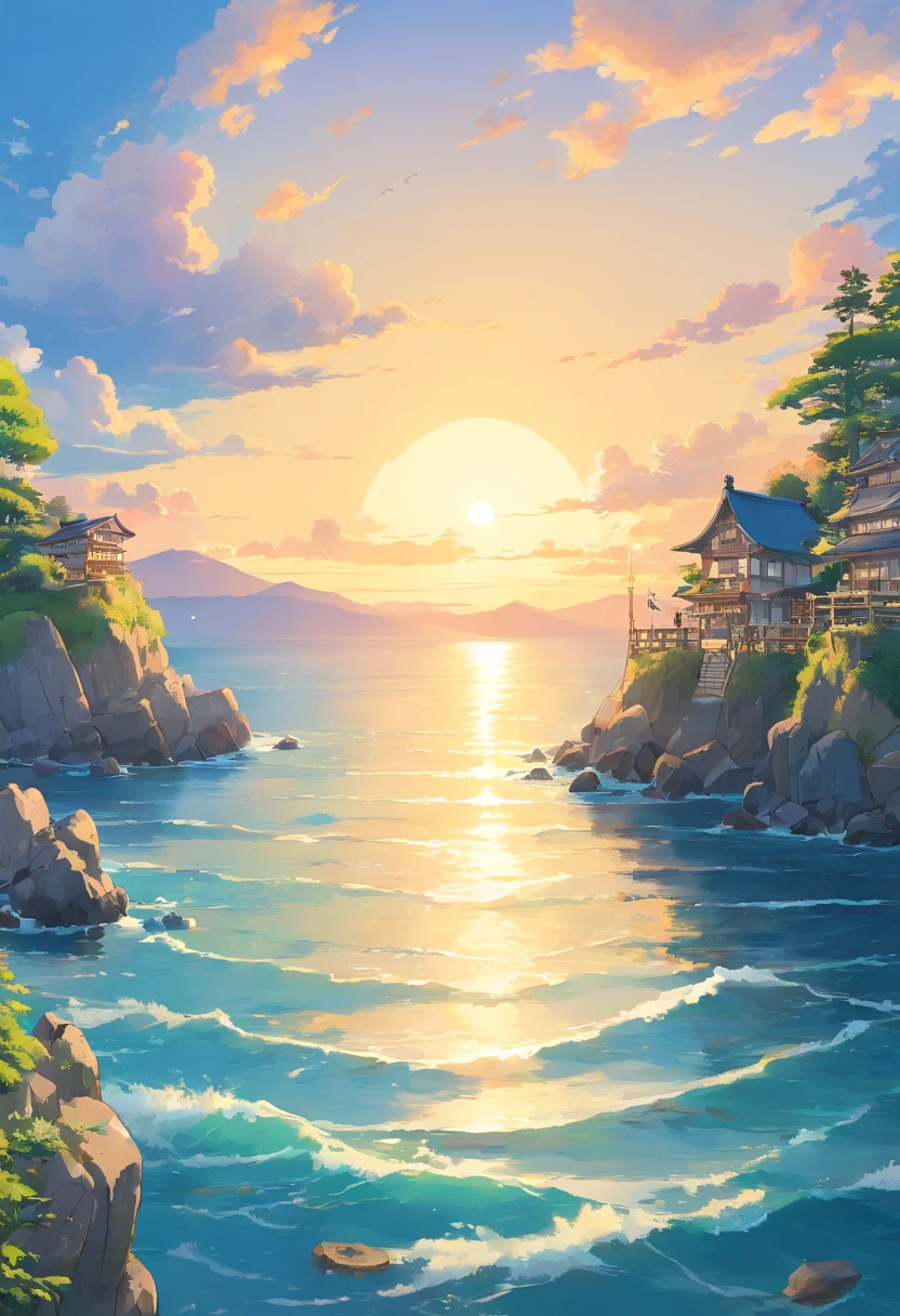 "Picture a tranquil seaside scene during the golden hour, where the sea and sky merge in a breathtaking embrace. This image was captured using a Canon EOS R5, equipped with a 70-200mm f/2.8 lens, to create a high-resolution composition that captures the vastness of the sea and the sky. The camera settings include a 45-megapixel sensor, resulting in an impressive 16k resolution. To ensure optimal quality and minimal noise, an ISO of 200 was selected. The shutter speed was set at 1/200s, freezing the moment in time, while the wide aperture of f/2.8 allowed for artistic depth of field and enhanced light capture."