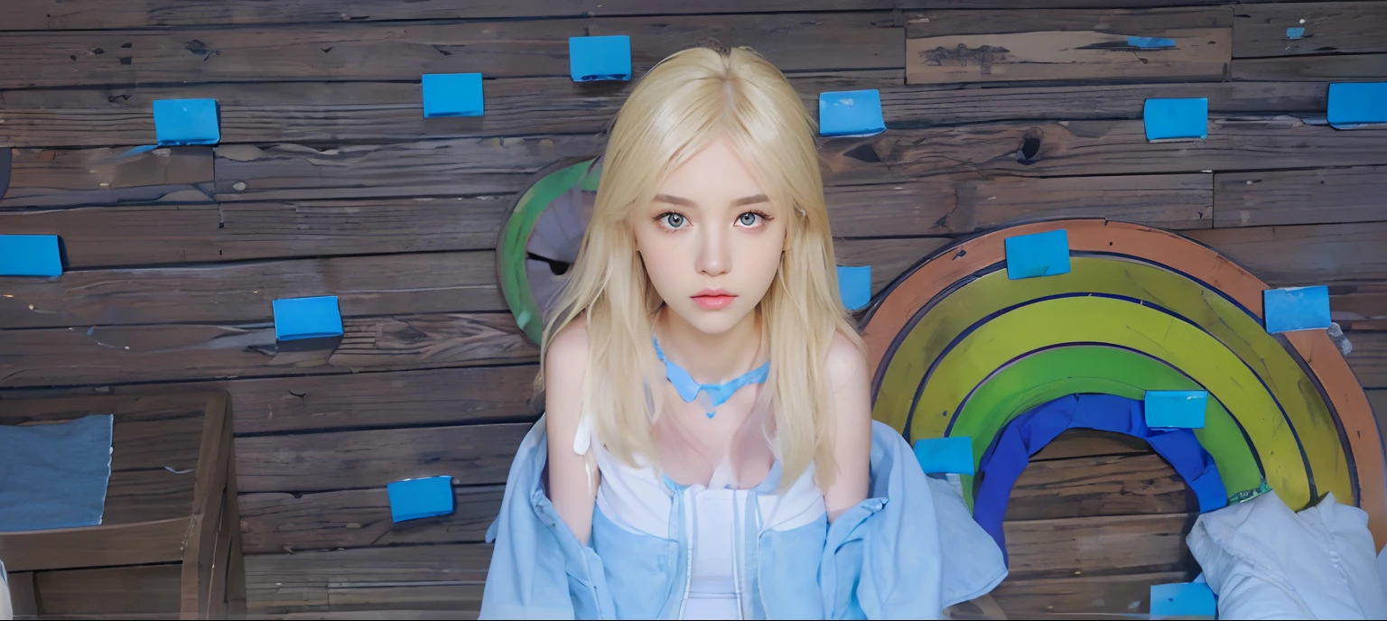 Blonde girl with blue scarf and white top posing for a photo with hazel eyes., roseanne park by blackpink, with long blonde hair, jossi de blackpink, with long white hair, lalisa manobal, heonhwa choe, jaeyeon nam, with long white hair, with long hair, kim taejin, Lalisa Manoban of Blackpink, Sakimichan, tanned skin, small shoulders with big breasts with a mini waist and big hips